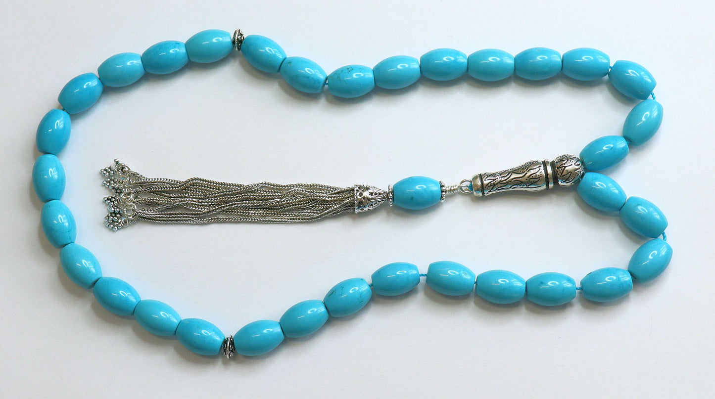 Turquoise & Sterling Tesbih Rosary Barrel Shape Beads - Rare Collector's Choice