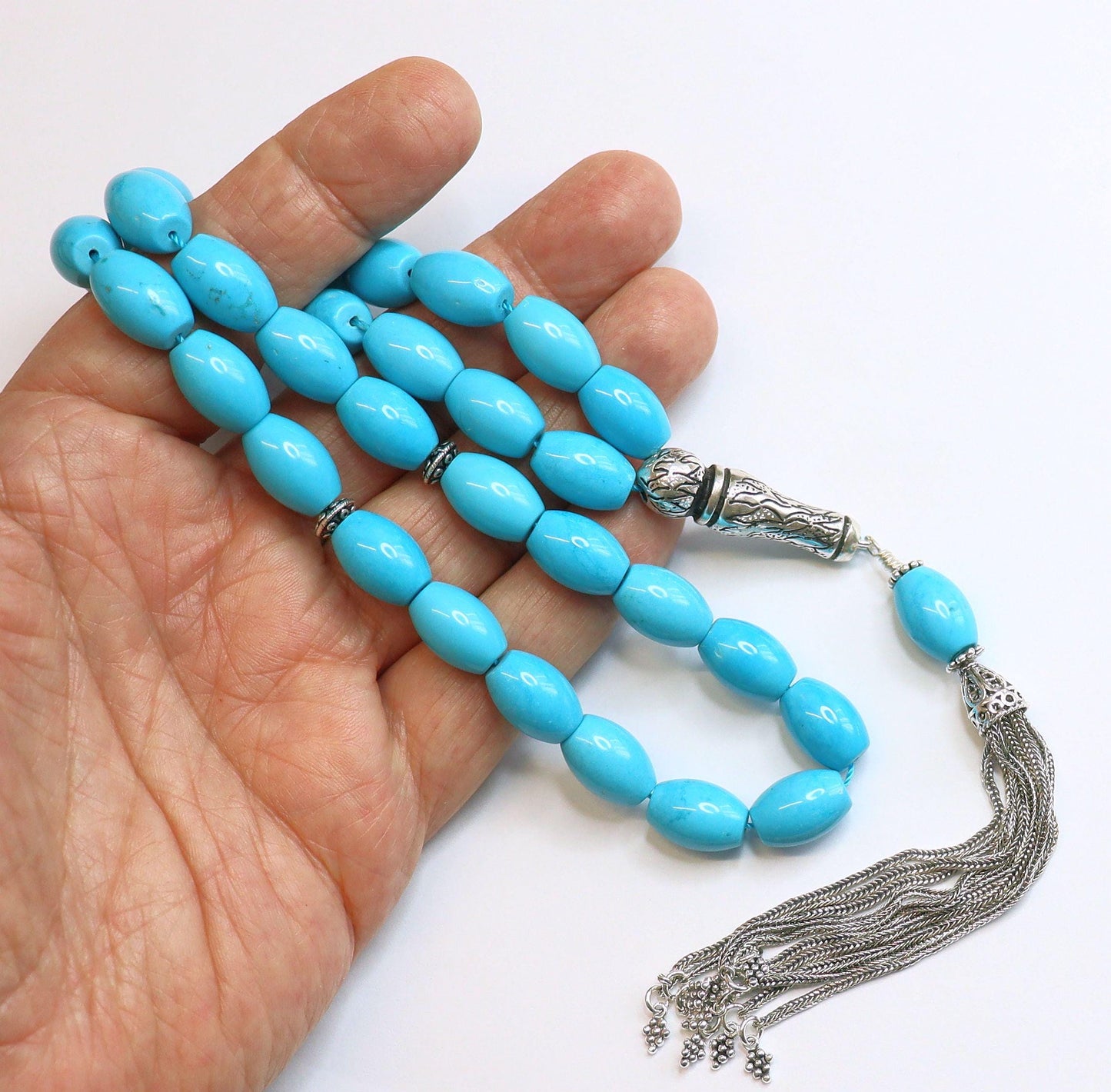 Turquoise & Sterling Tesbih Rosary Barrel Shape Beads - Rare Collector's Choice