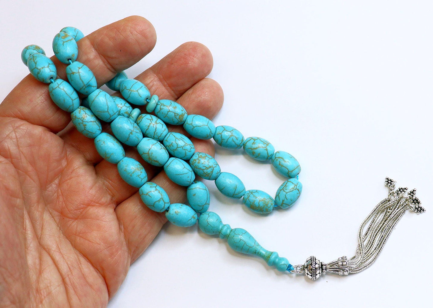 Gold Matrix Turquoise Tesbih: Sterling Silver Tassel, Hand Carved Main Bead