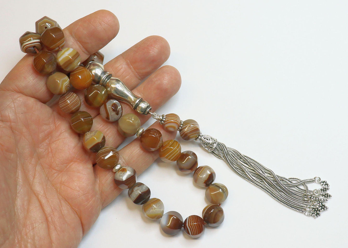 Luxury Banded Agate Tesbih Prayer Beads: Heavy Sterling Silver Tassel