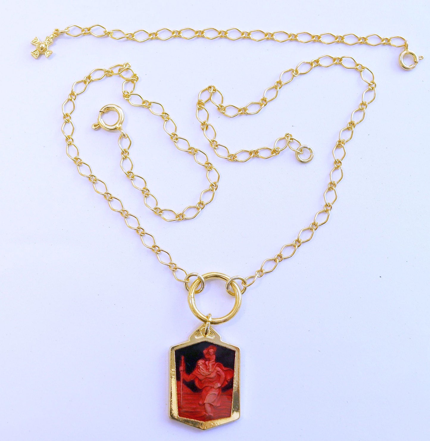 Saint Christopher Pendant Vintage Gold Plated and Enameled w Vermeil Chain and Extender