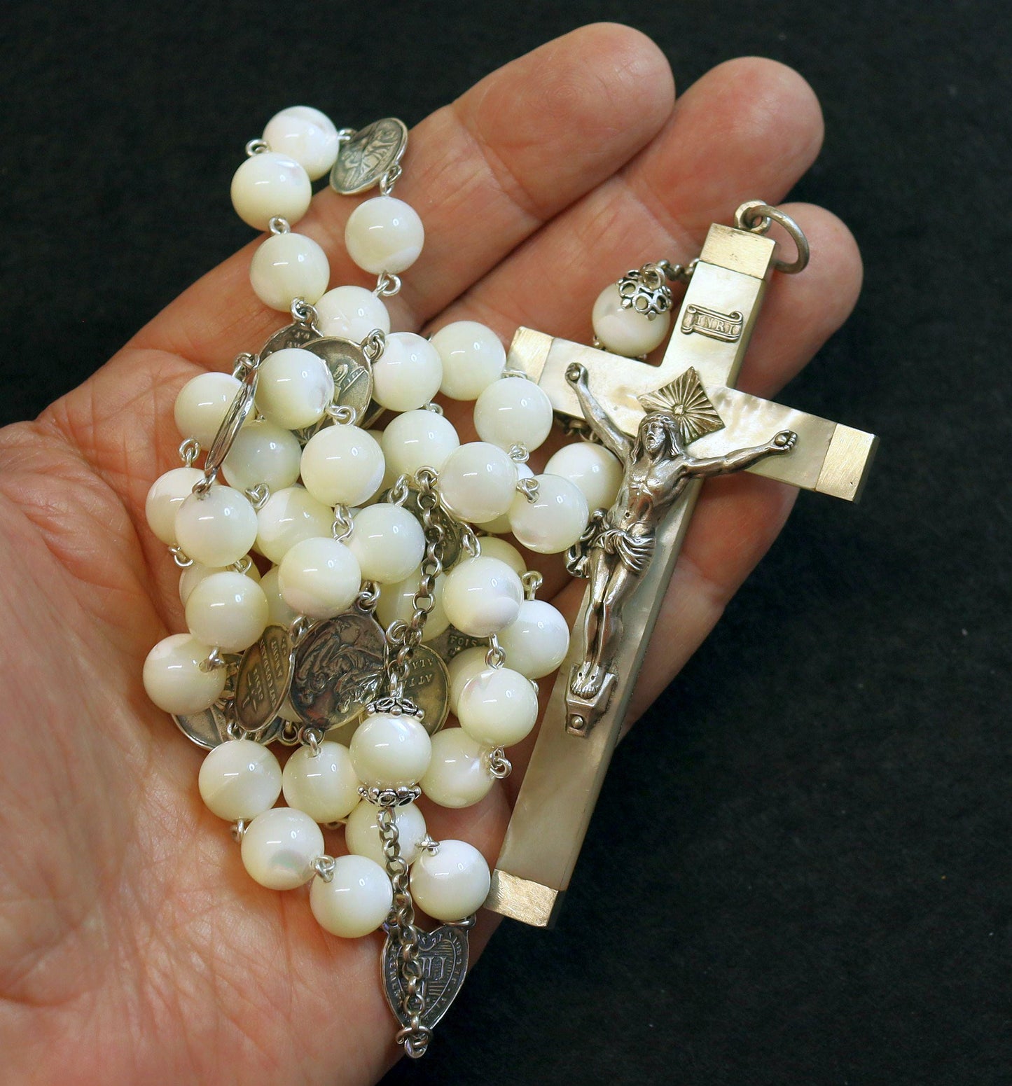 Stations of the Cross Rosary all Vintage Mother Of Pearl w 19th Cent Medals and Art Nouveau Crucifix ALL Sterling Silver Unique