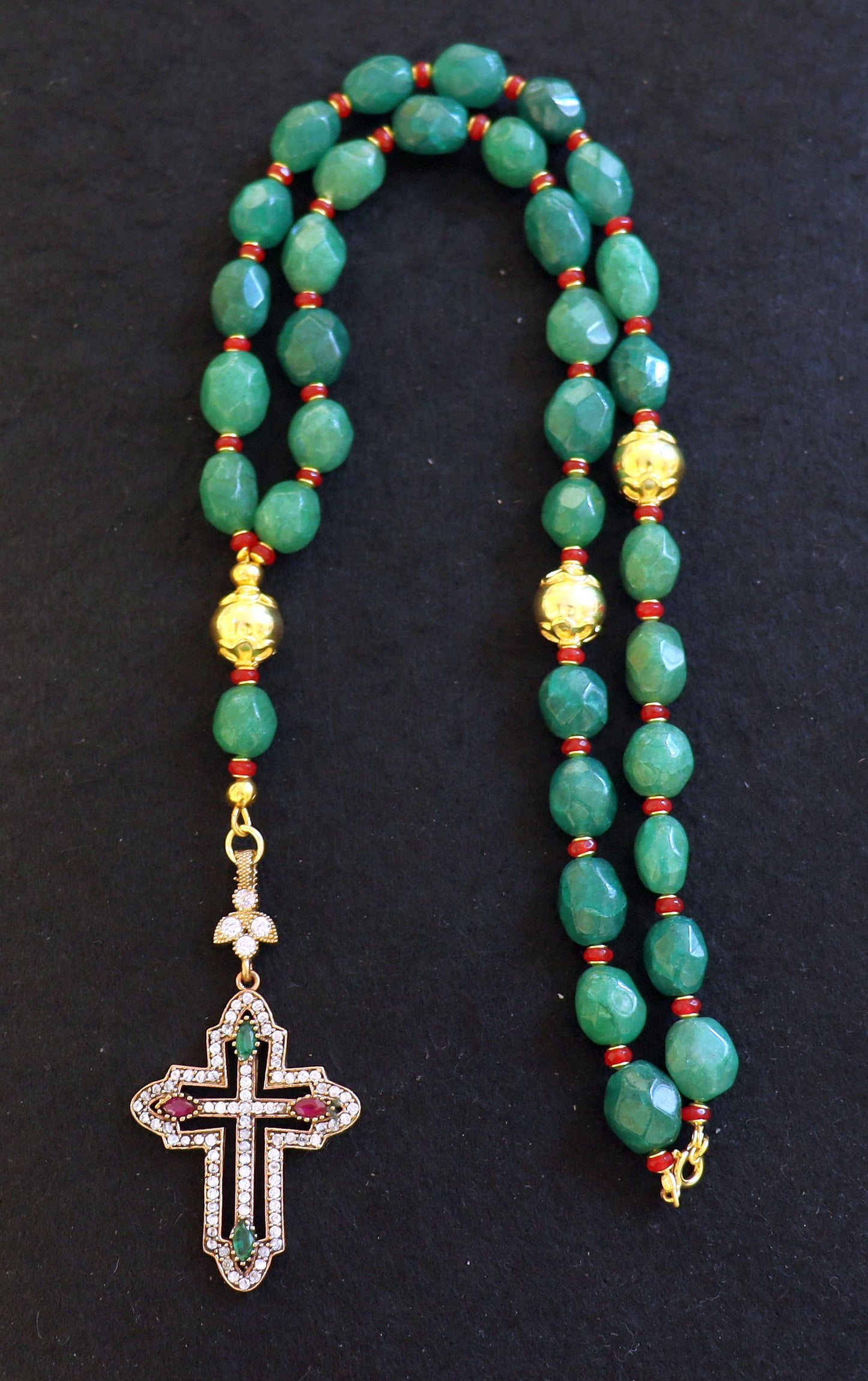 Beaded Chotki, Komboskini, Genuine Emerald and Ruby w Vermeil Metal Parts - Unique and impressive ORTHODOX Rosary with Special Cross