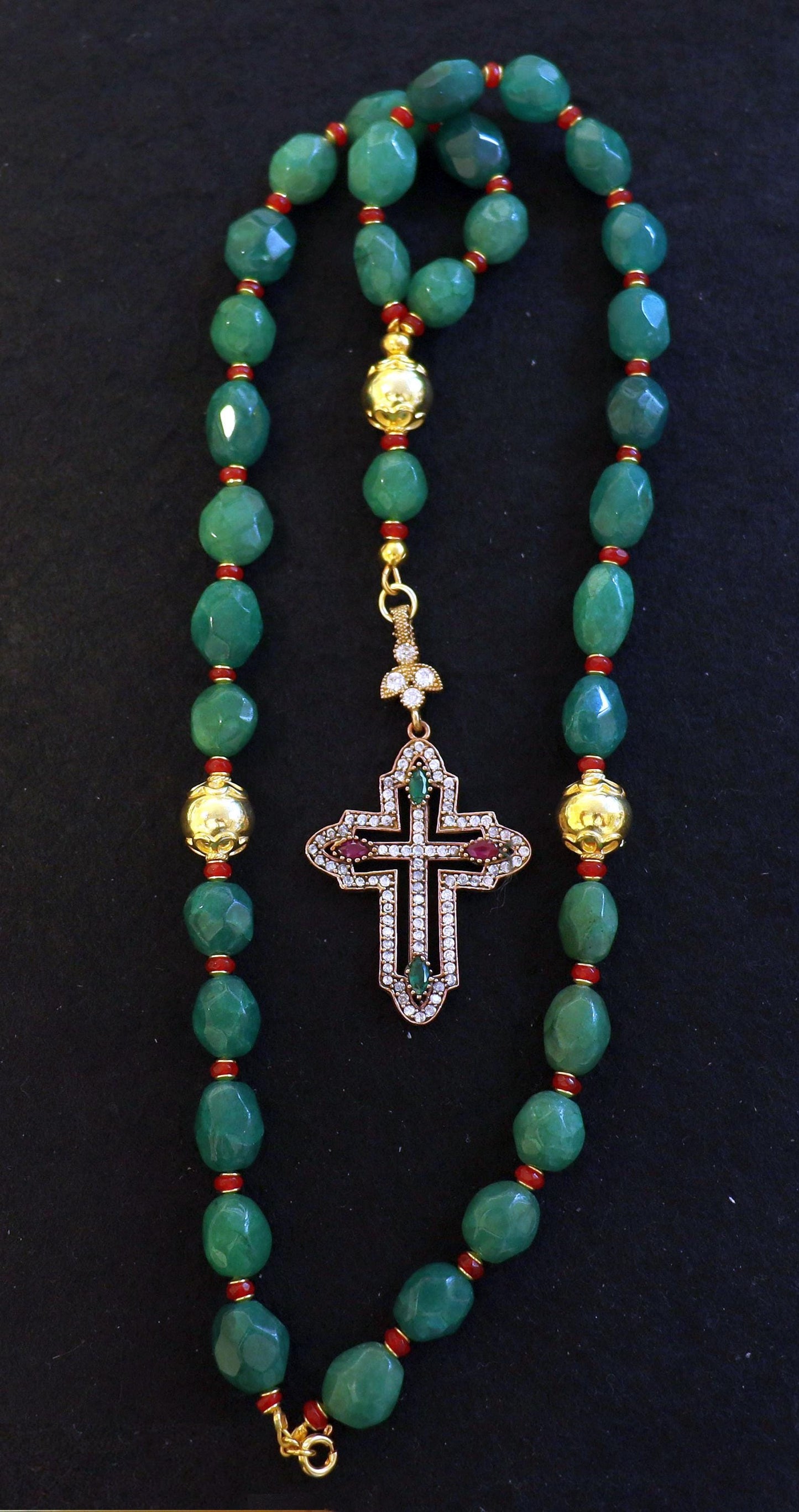 Beaded Chotki, Komboskini, Genuine Emerald and Ruby w Vermeil Metal Parts - Unique and impressive ORTHODOX Rosary with Special Cross