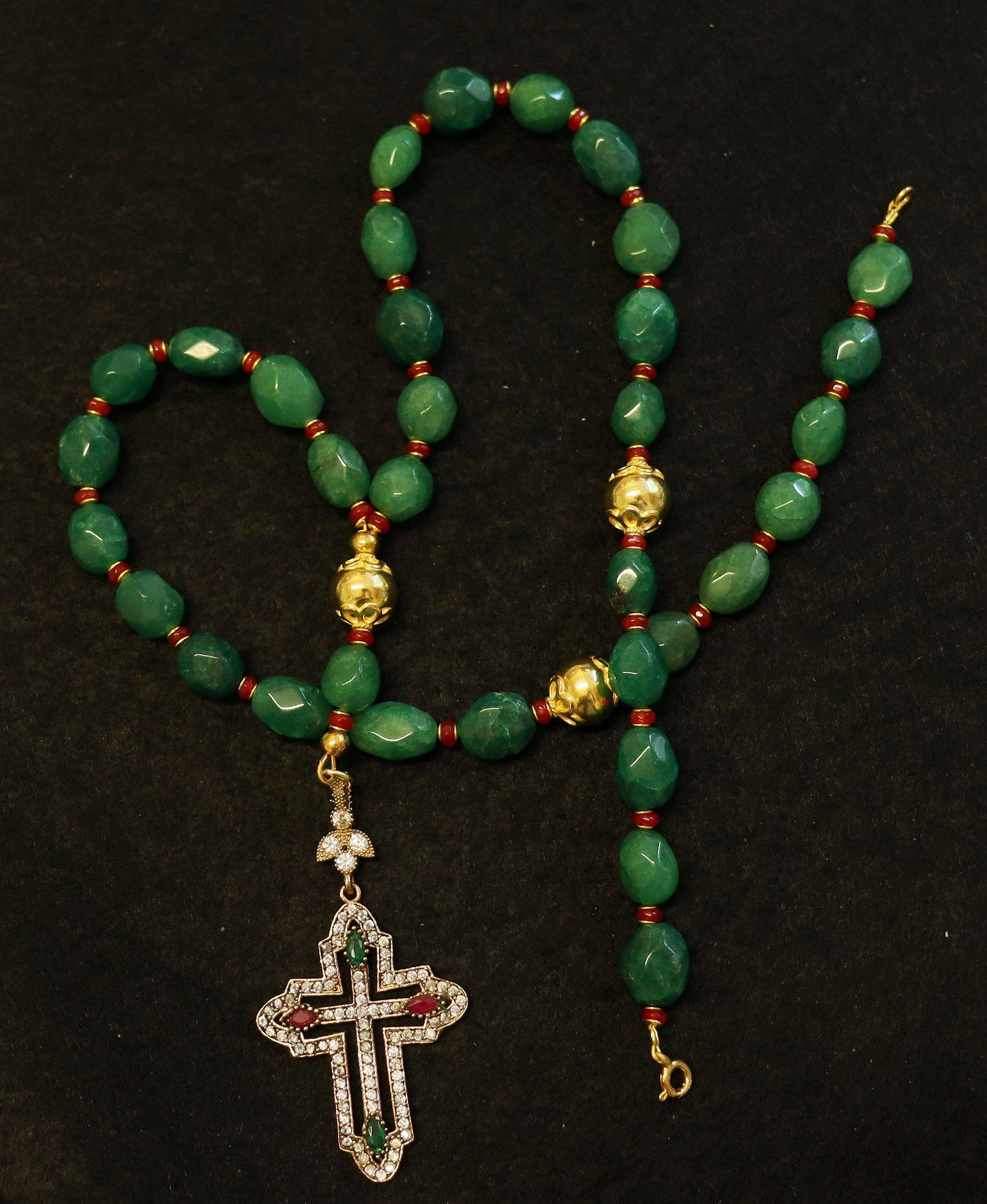 Beaded Chotki, Komboskini, Genuine Emerald and Ruby w Vermeil Metal Parts - Unique and impressive ORTHODOX Rosary with Special Cross