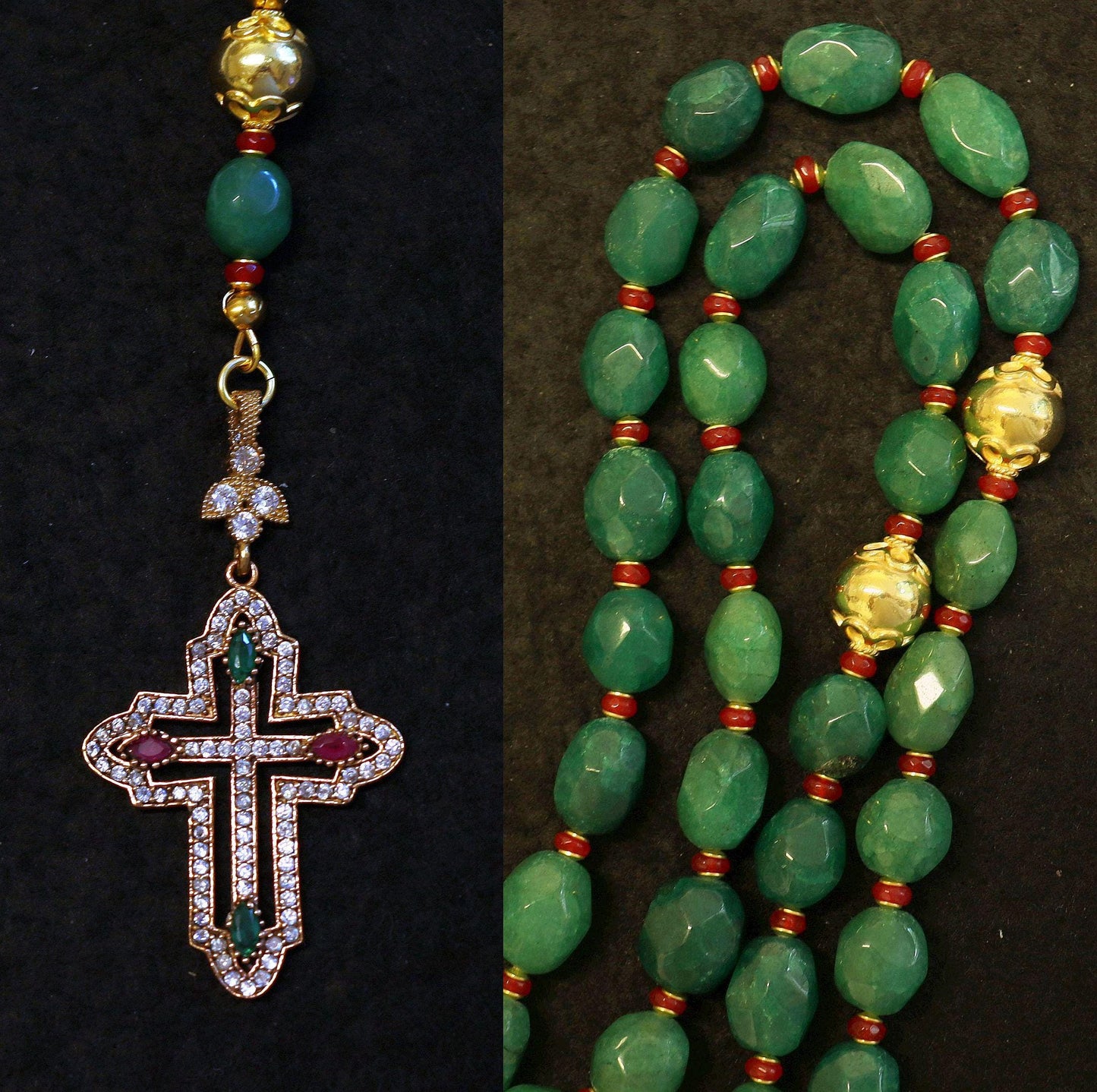 Beaded Chotki, Komboskini, Genuine Emerald and Ruby w Vermeil Metal Parts - Unique and impressive ORTHODOX Rosary with Special Cross