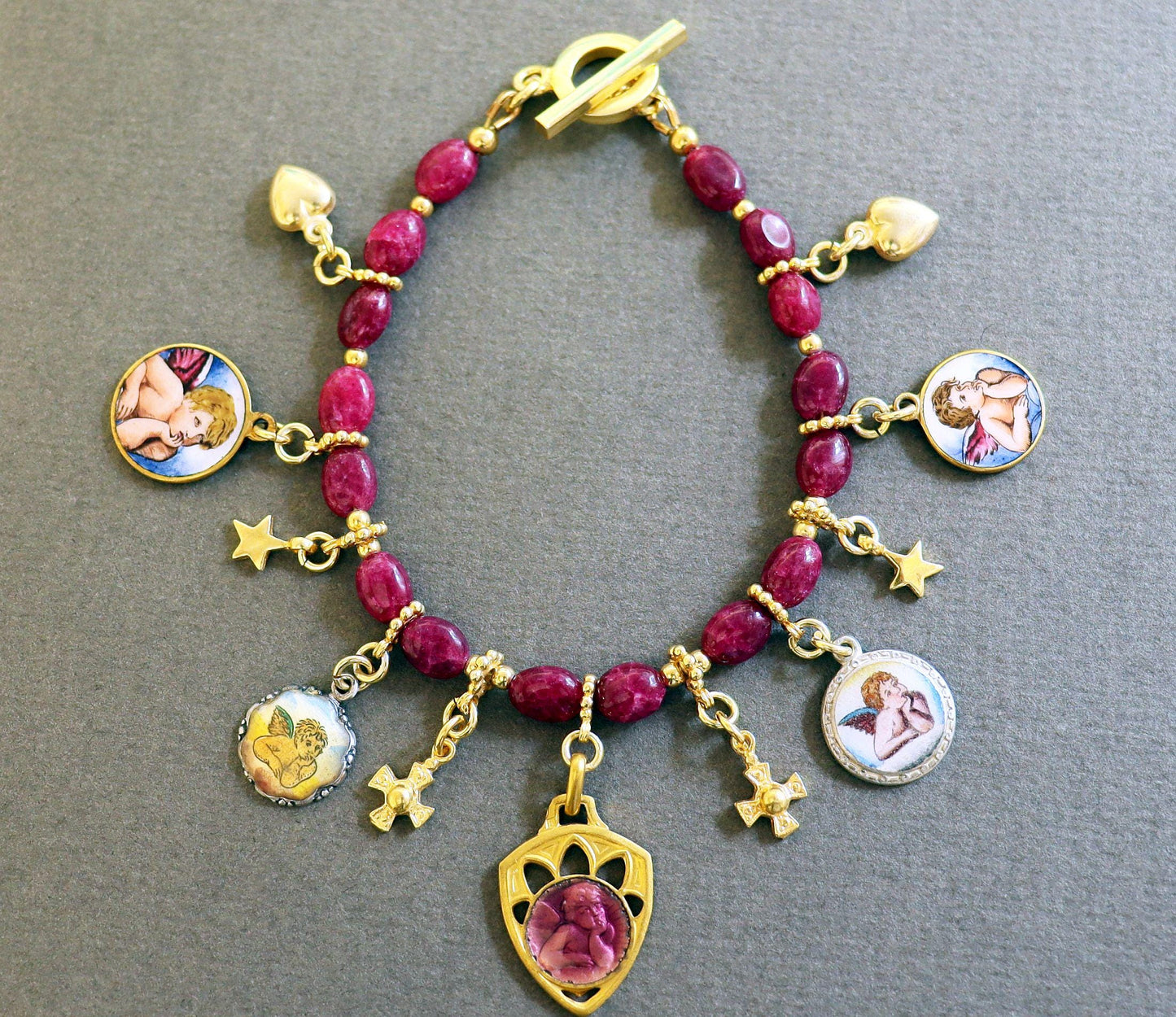 Ruby & Vermeil Bracelet, Vintage Enameled Raphael's Cherub angel Medals, Unique Religious Bracelet, Gold-plated Bracelet, Gift for her