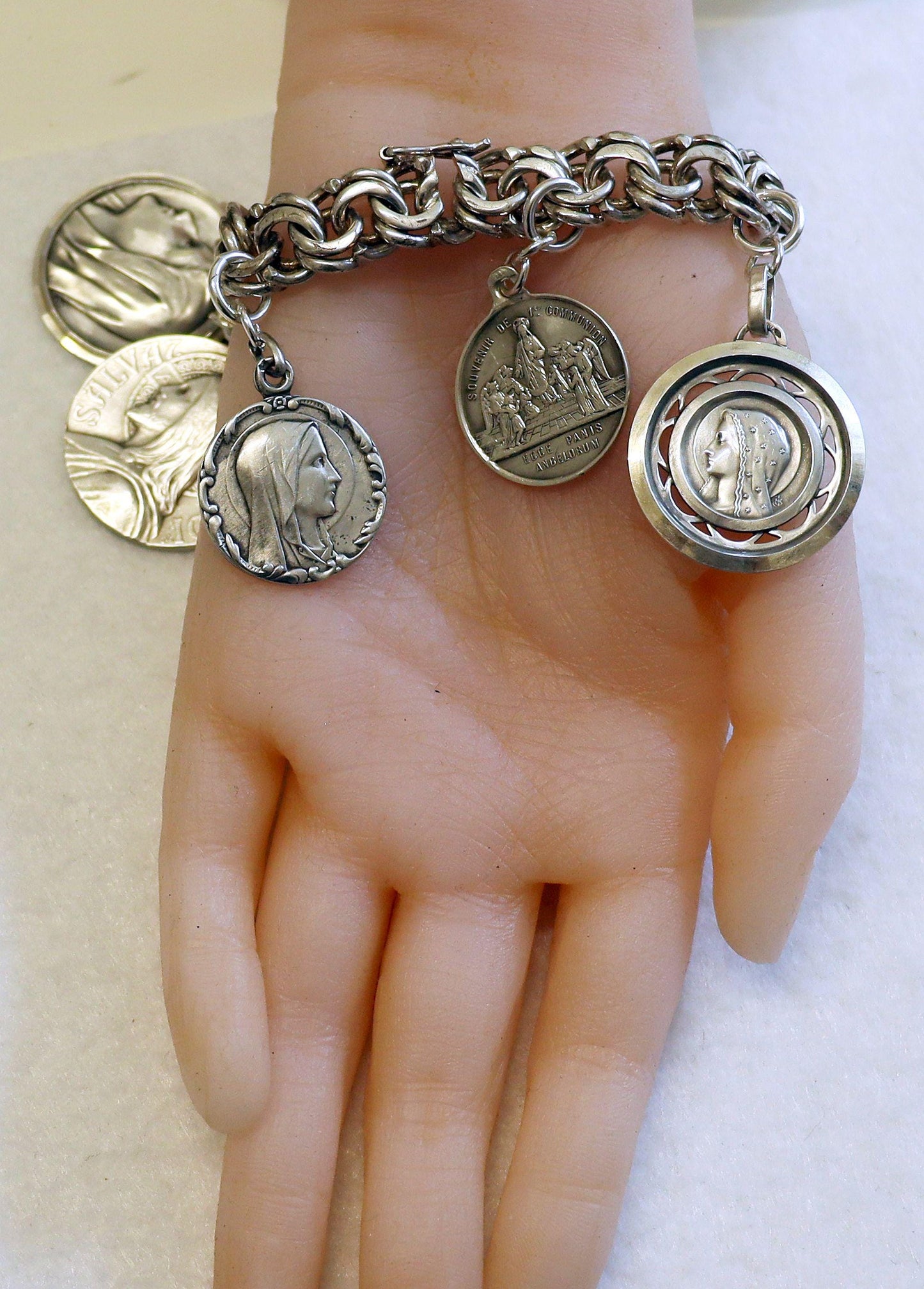 Art Nouveau Bracelet All Sterling Charms w 7 Rare Large Pristine Religious Medals - 1882 -Rare, Heavy, Antique