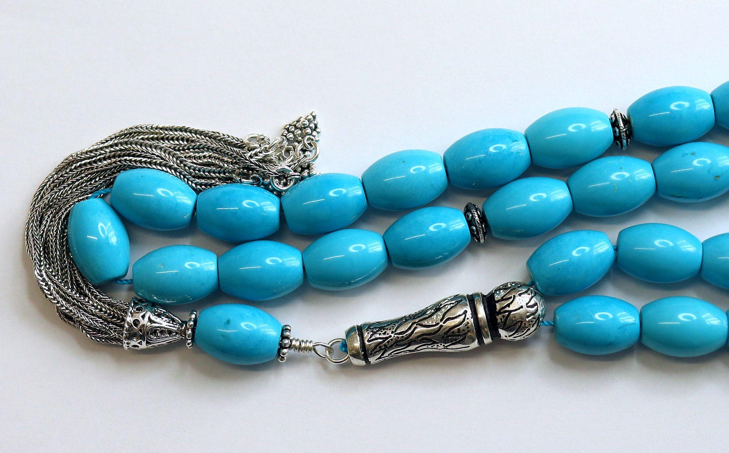 Turquoise & Sterling Tesbih Rosary Barrel Shape Beads - Rare Collector's Choice