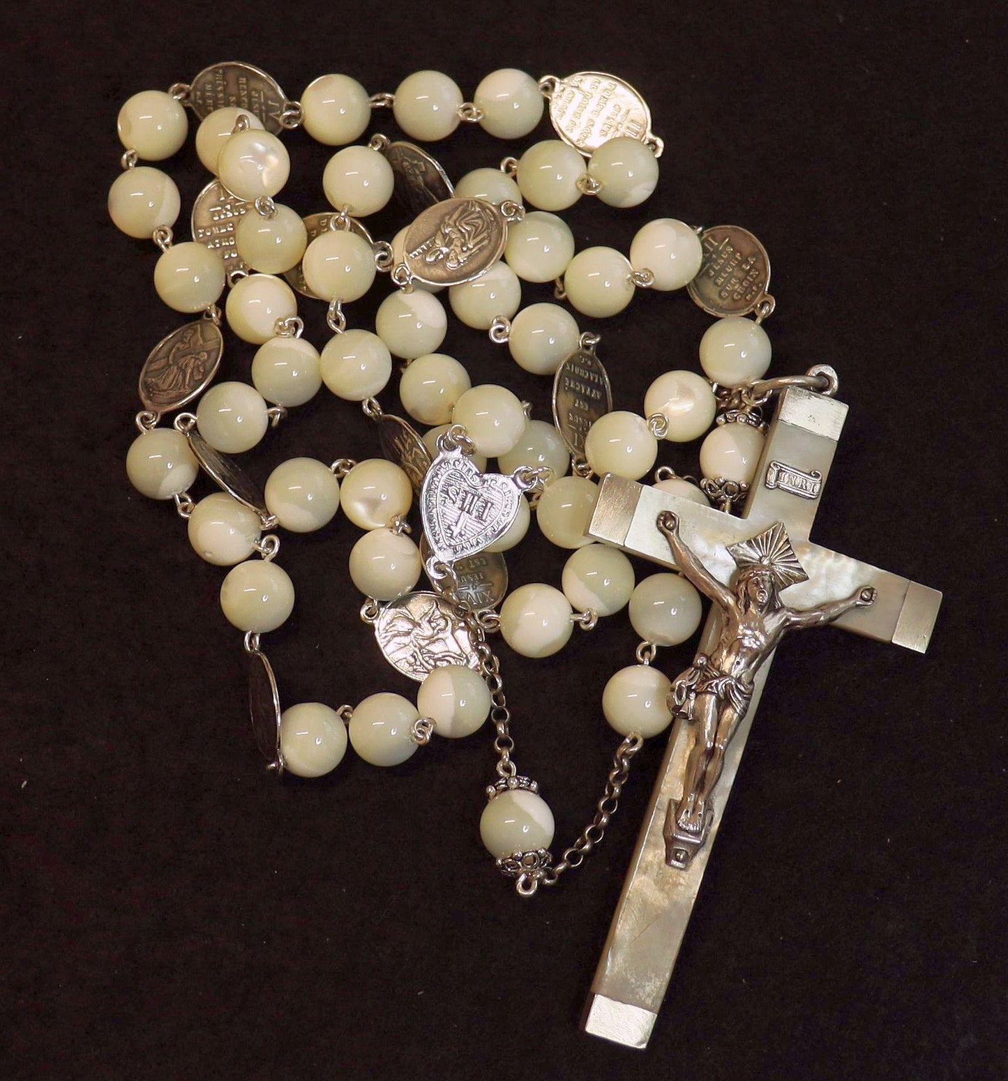 Stations of the Cross Rosary all Vintage Mother Of Pearl w 19th Cent Medals and Art Nouveau Crucifix ALL Sterling Silver Unique
