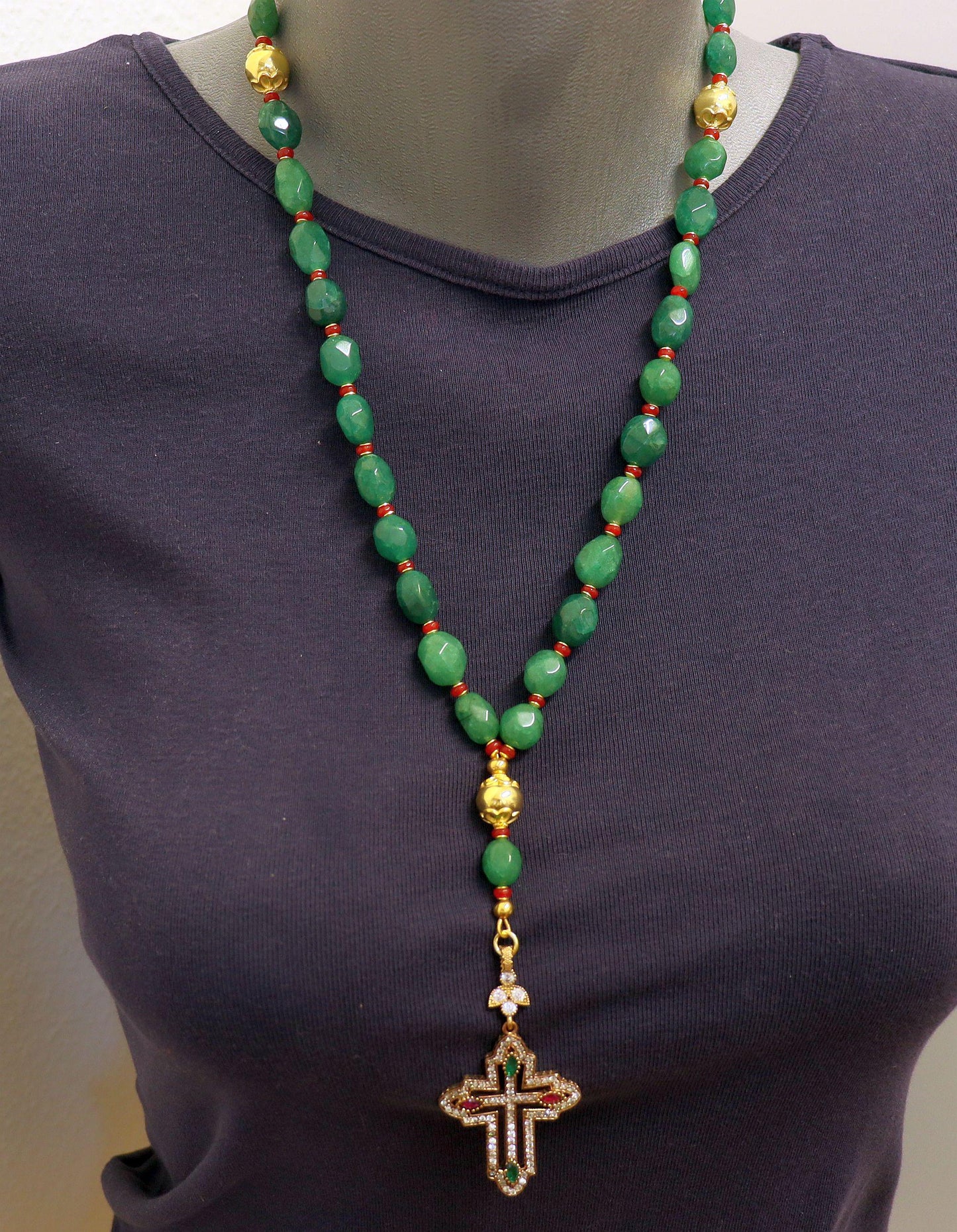 Beaded Chotki, Komboskini, Genuine Emerald and Ruby w Vermeil Metal Parts - Unique and impressive ORTHODOX Rosary with Special Cross