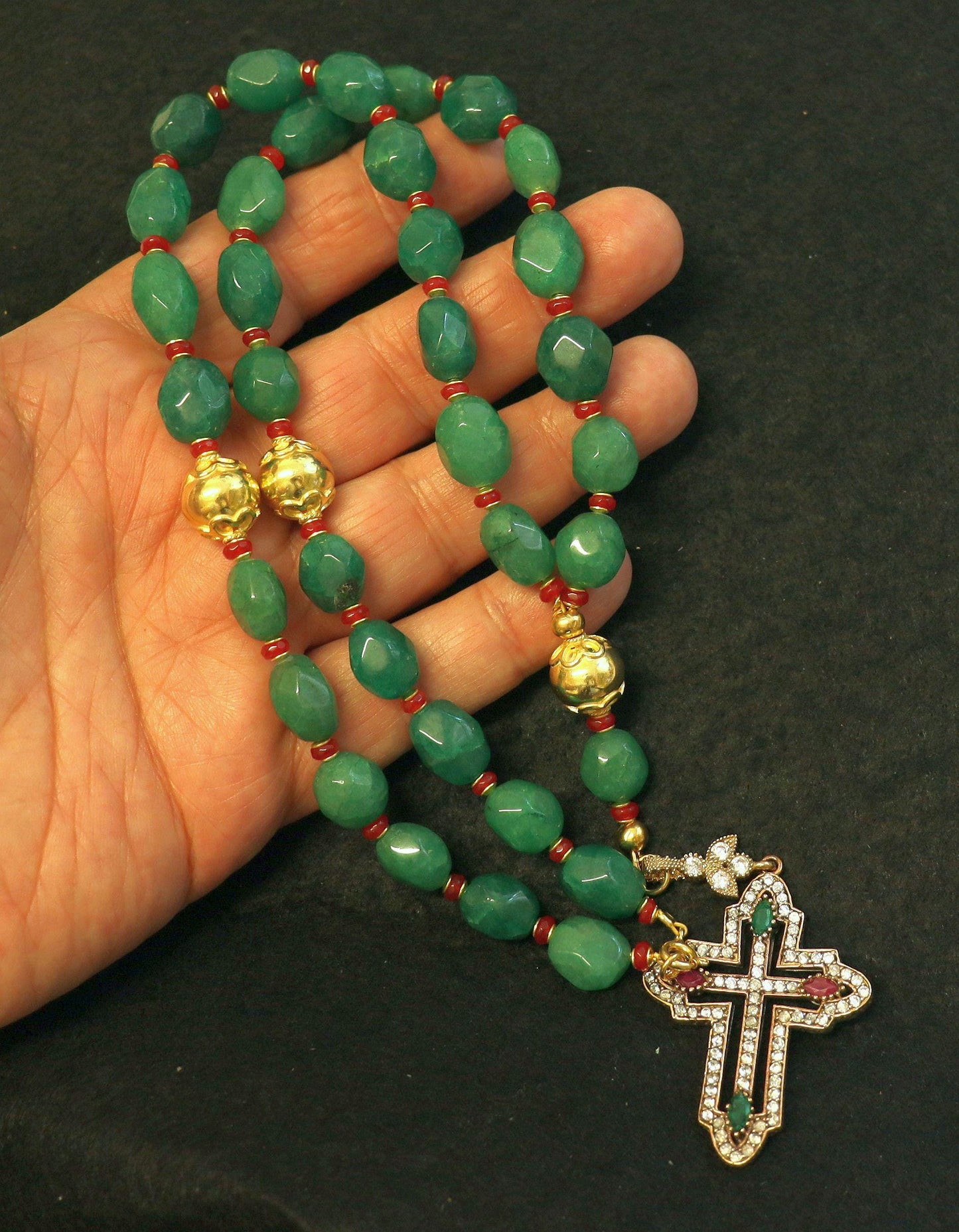 Beaded Chotki, Komboskini, Genuine Emerald and Ruby w Vermeil Metal Parts - Unique and impressive ORTHODOX Rosary with Special Cross
