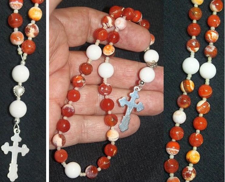 Anglican Episcopal Rosary Prayer Beads : Red Fire Crackled Agate White Jade and Sterling Silver