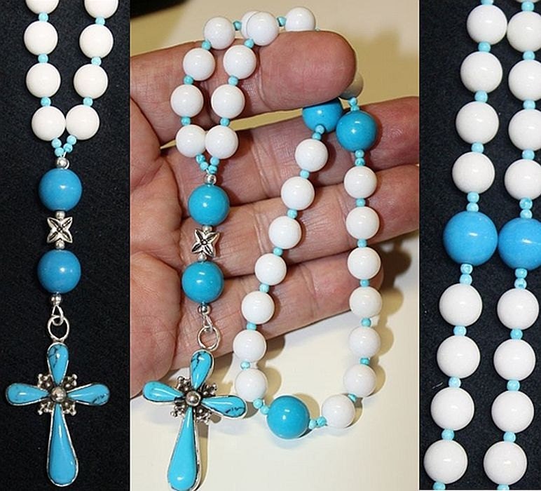 Anglican Episcopal Rosary Prayer Beads : White Jade, Turquoise and Sterling- Rare and Unique