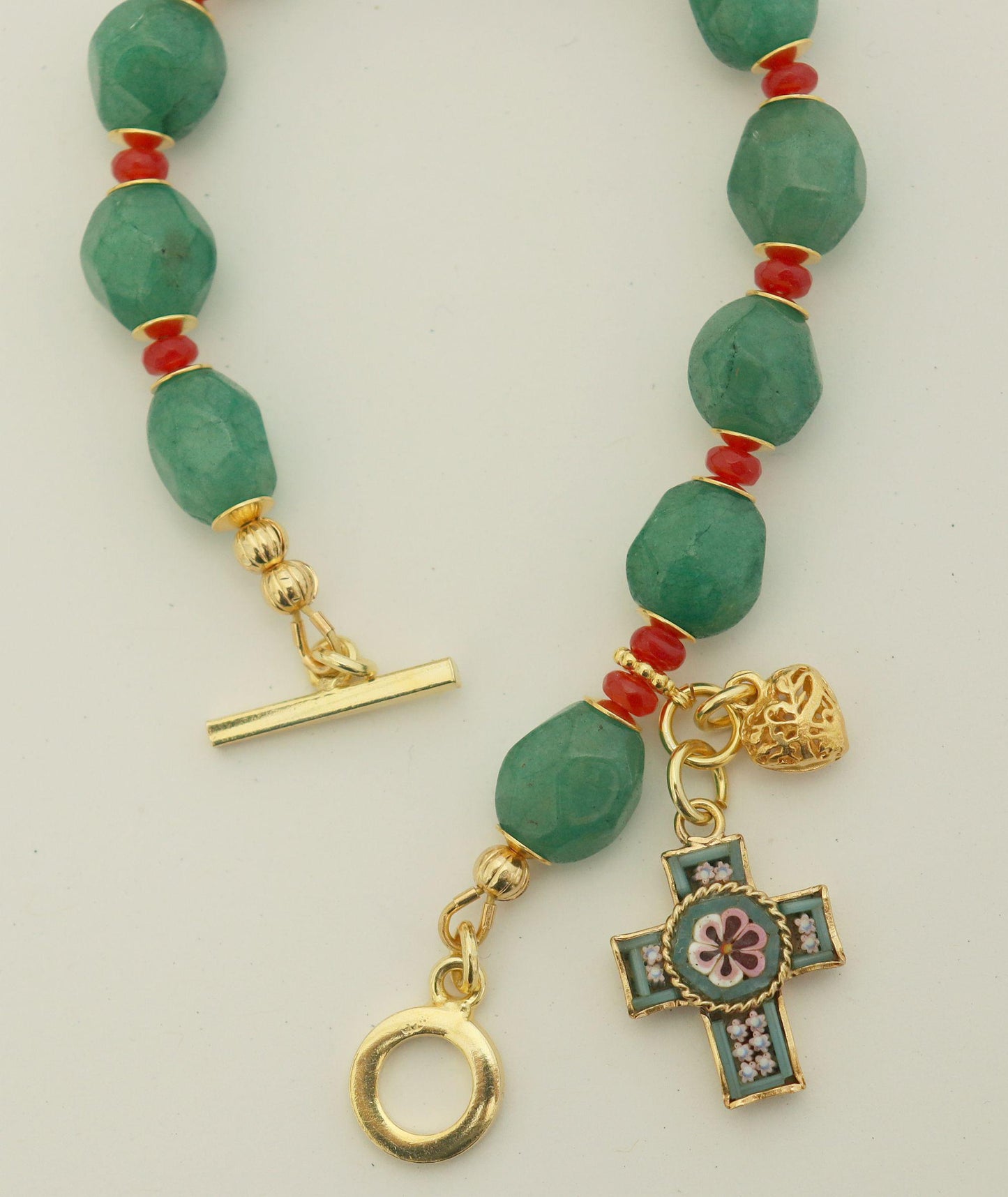 Catholic Rosary Bracelet Faceted Genuine Emerald and Ruby, Vermeil, Micromosaic Vintage Cross