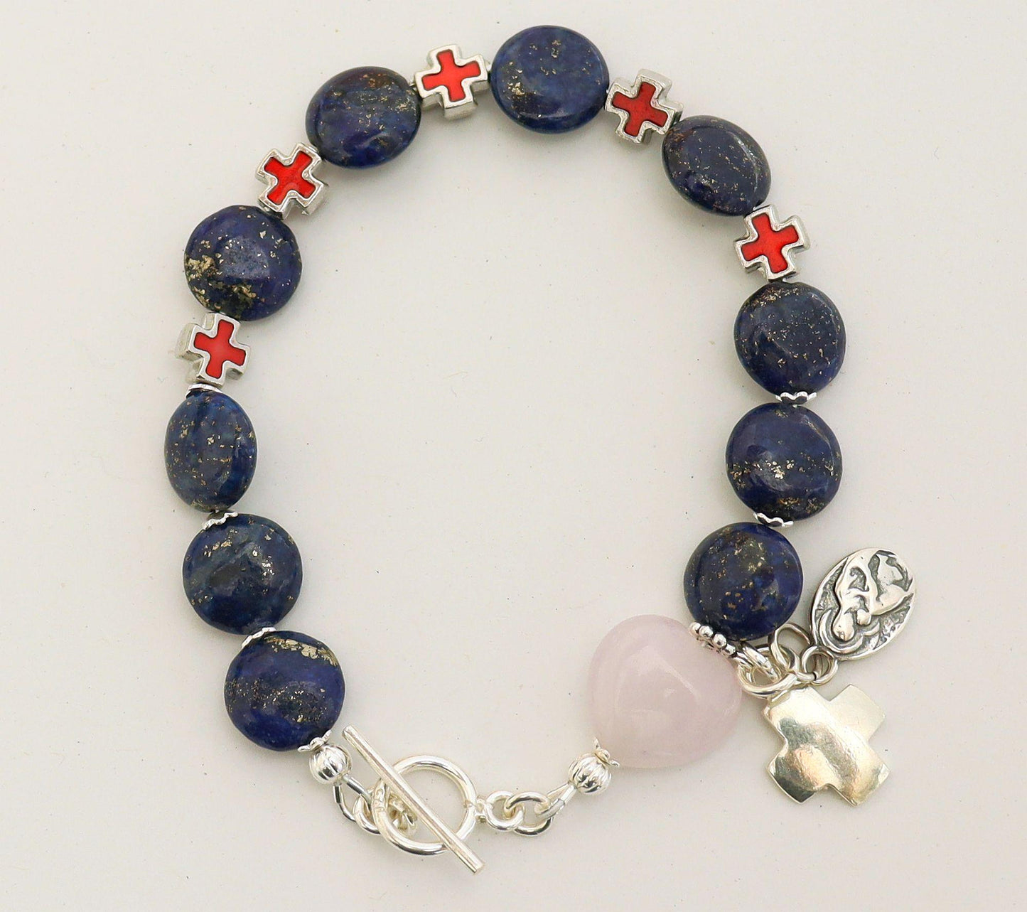 Catholic Rosary Bracelet : Lapis , Rose Quartz, Sterling Silver and Enamel