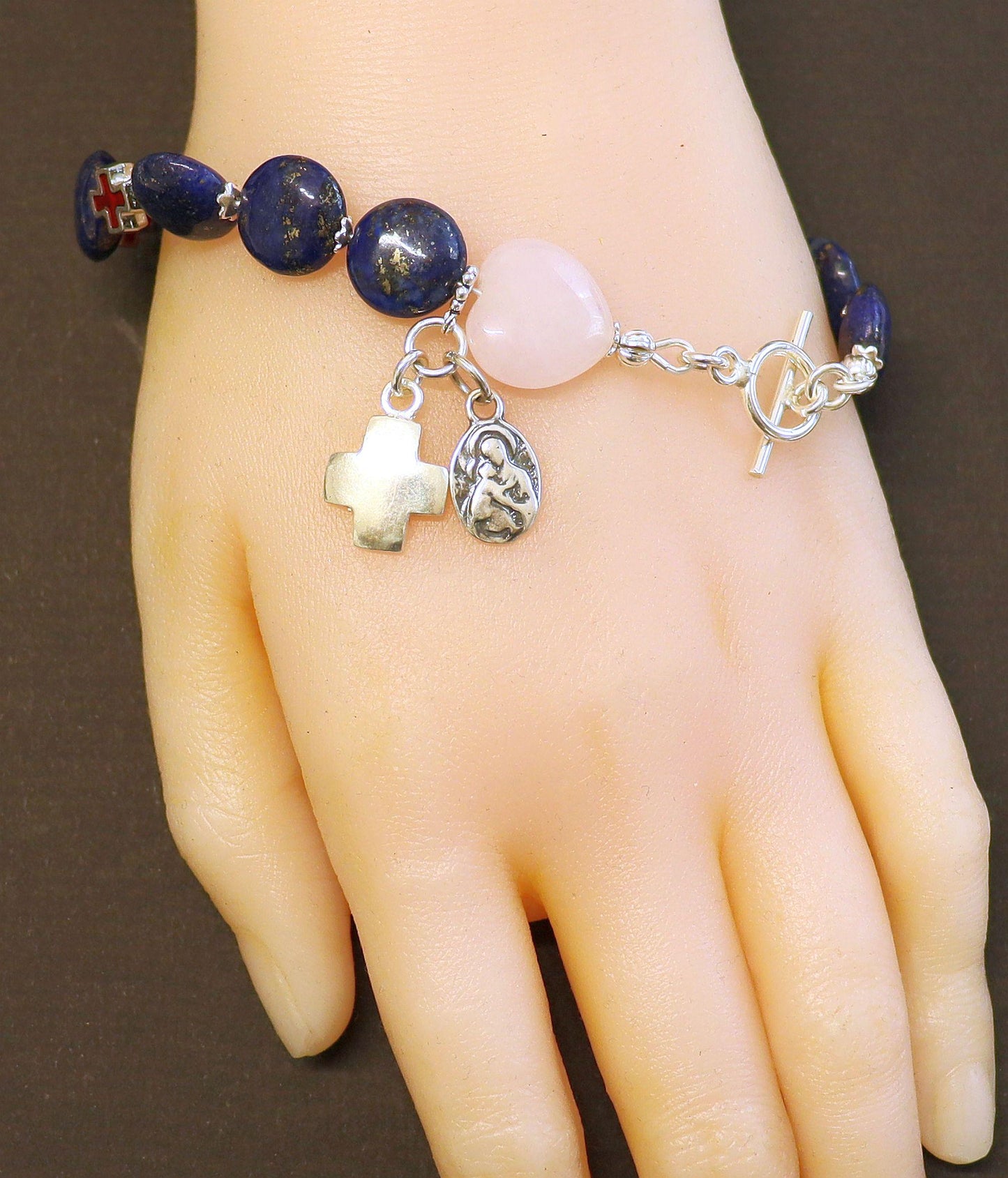 Catholic Rosary Bracelet : Lapis , Rose Quartz, Sterling Silver and Enamel