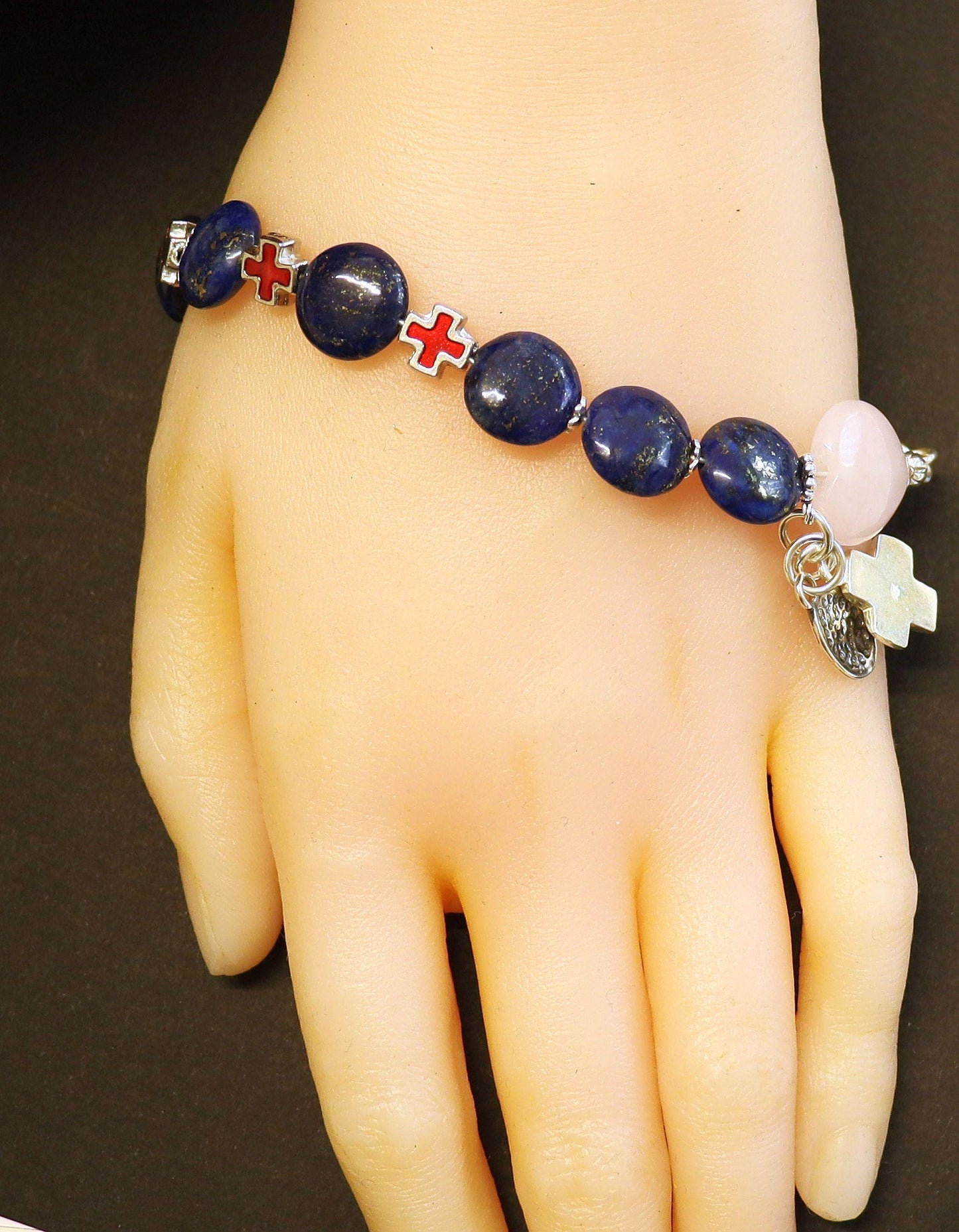 Catholic Rosary Bracelet : Lapis , Rose Quartz, Sterling Silver and Enamel