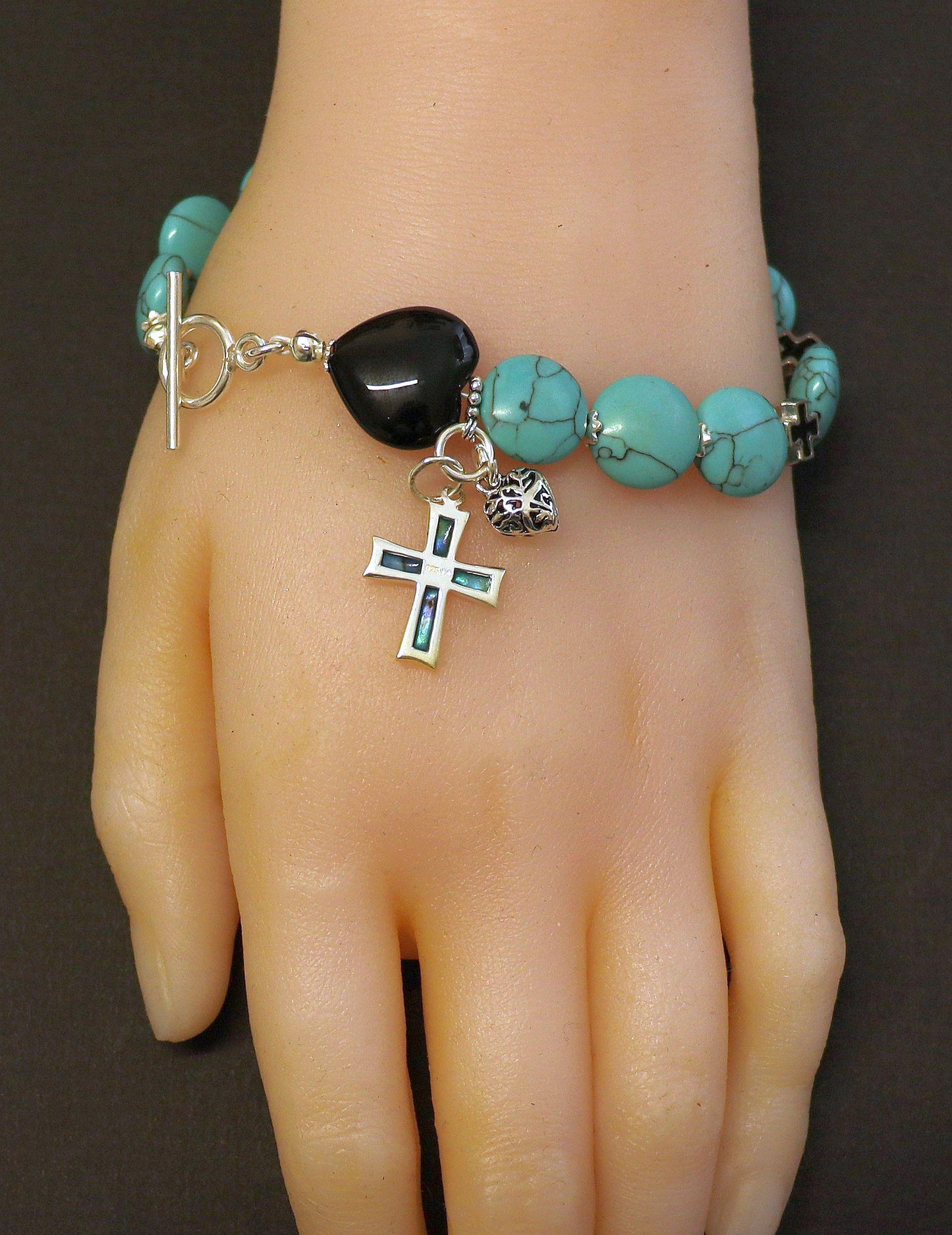 Catholic Rosary Bracelet : Turquoise, Onyx, Paua Shell, Sterling Silver and Enamel