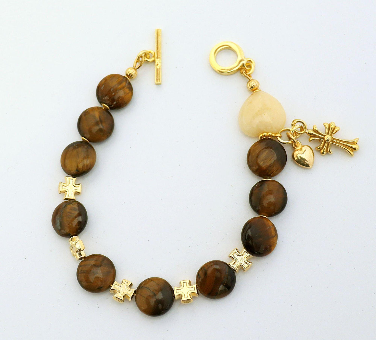 Catholic Rosary one Decade Bracelet : Tiger Eye, Lemon Jade and Vermeil