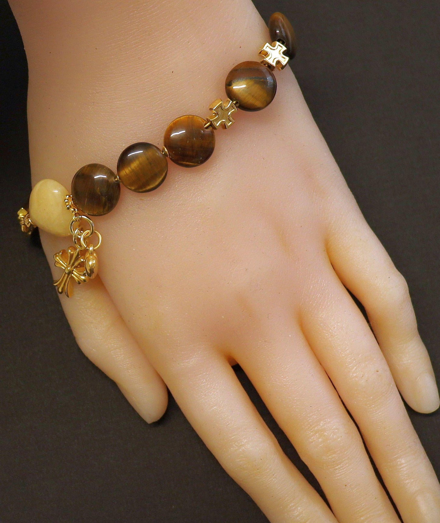 Catholic Rosary one Decade Bracelet : Tiger Eye, Lemon Jade and Vermeil