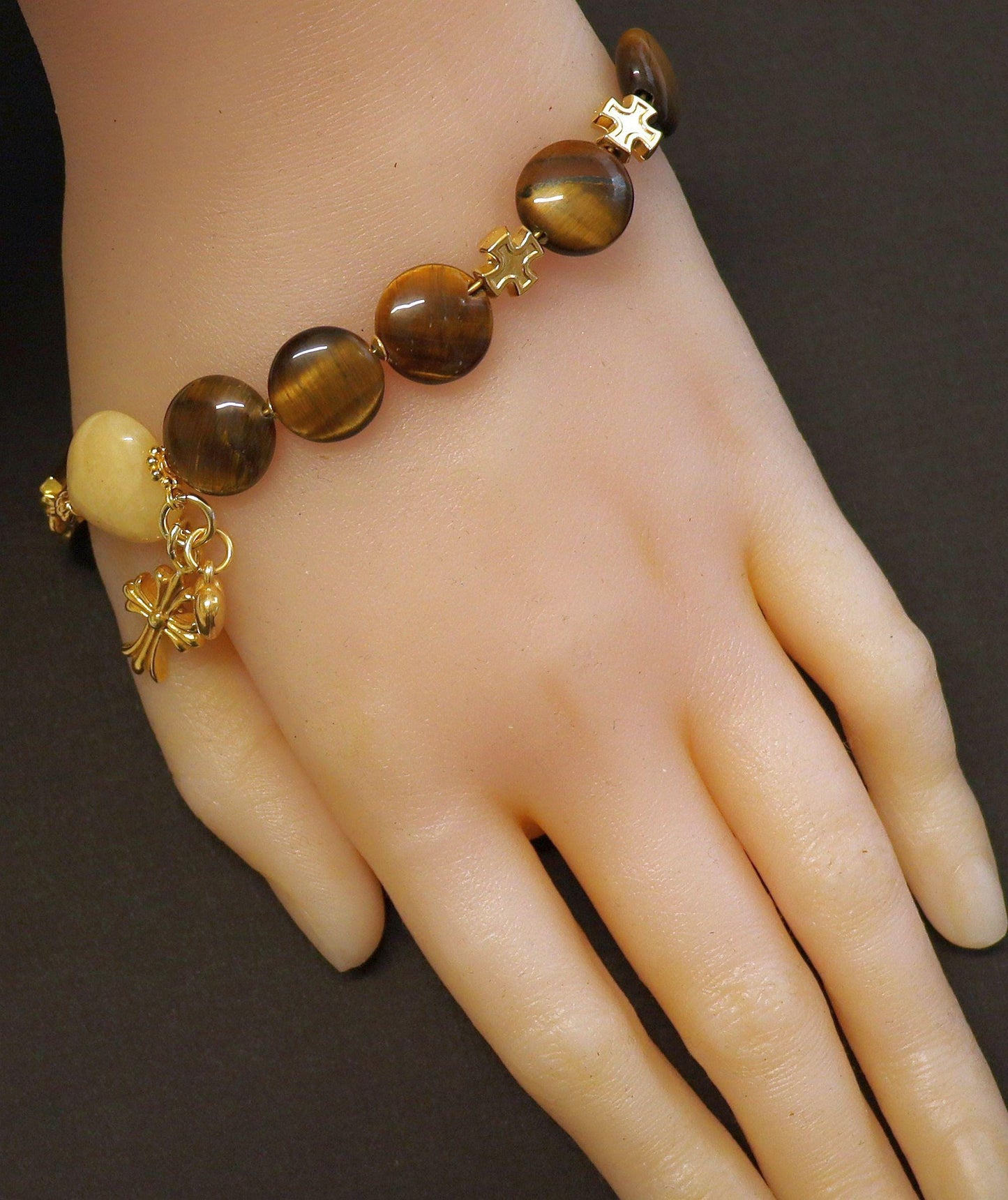 Catholic Rosary one Decade Bracelet : Tiger Eye, Lemon Jade and Vermeil