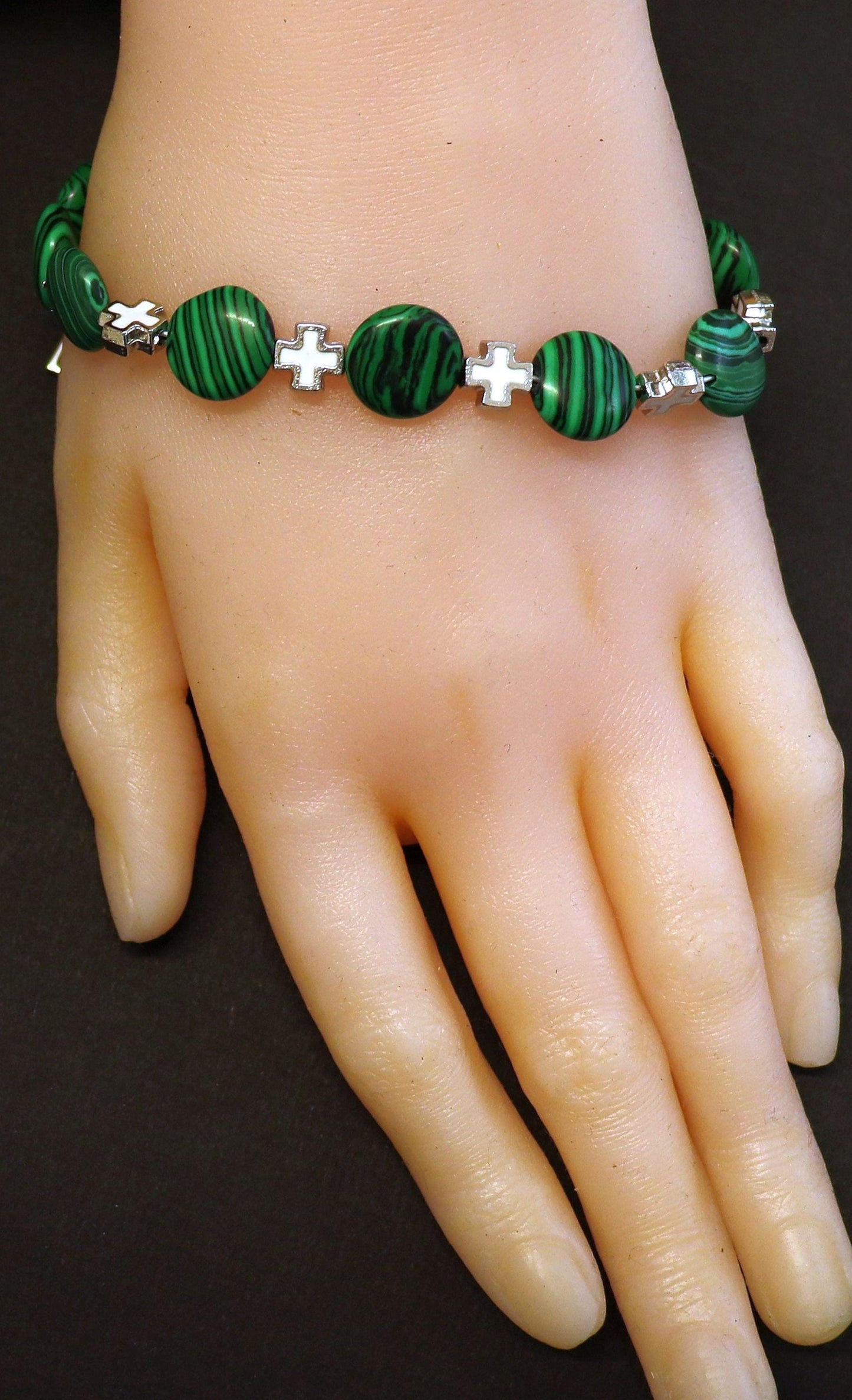 Catholic Rosary one Decade Bracelet : Malachite, White Jade, Paua Shell, Sterling Silver and Enamel