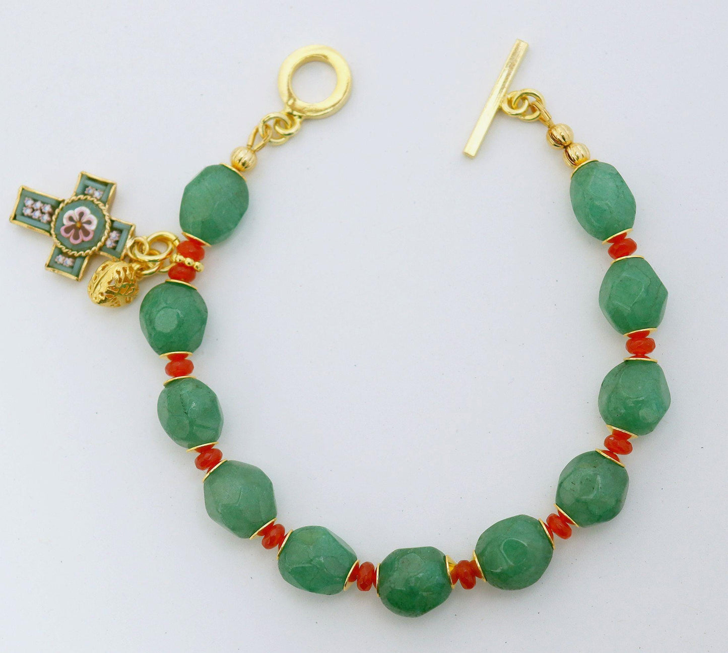 Catholic Rosary Bracelet Faceted Genuine Emerald and Ruby, Vermeil, Micromosaic Vintage Cross