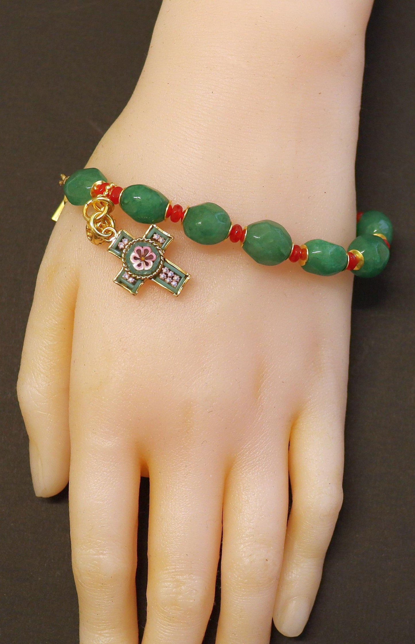 Catholic Rosary Bracelet Faceted Genuine Emerald and Ruby, Vermeil, Micromosaic Vintage Cross
