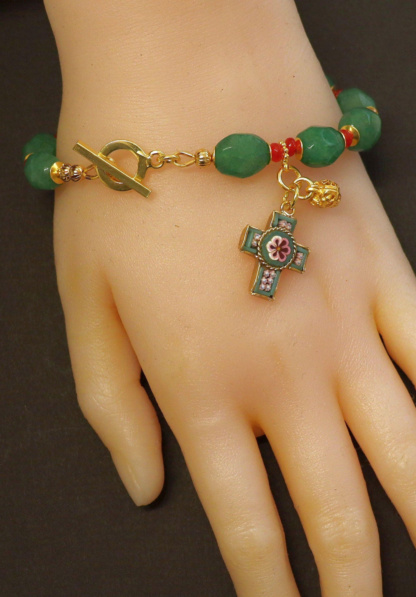 Catholic Rosary Bracelet Faceted Genuine Emerald and Ruby, Vermeil, Micromosaic Vintage Cross