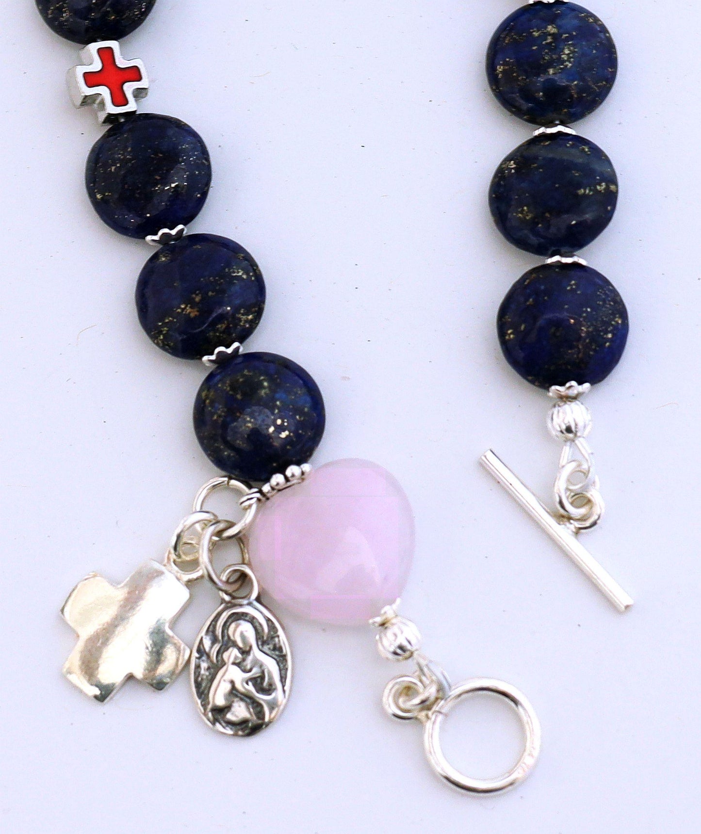 Catholic Rosary Bracelet : Lapis , Rose Quartz, Sterling Silver and Enamel