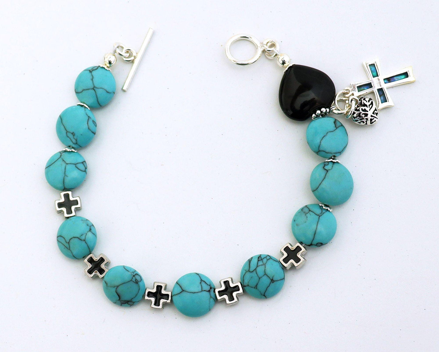 Catholic Rosary Bracelet : Turquoise, Onyx, Paua Shell, Sterling Silver and Enamel