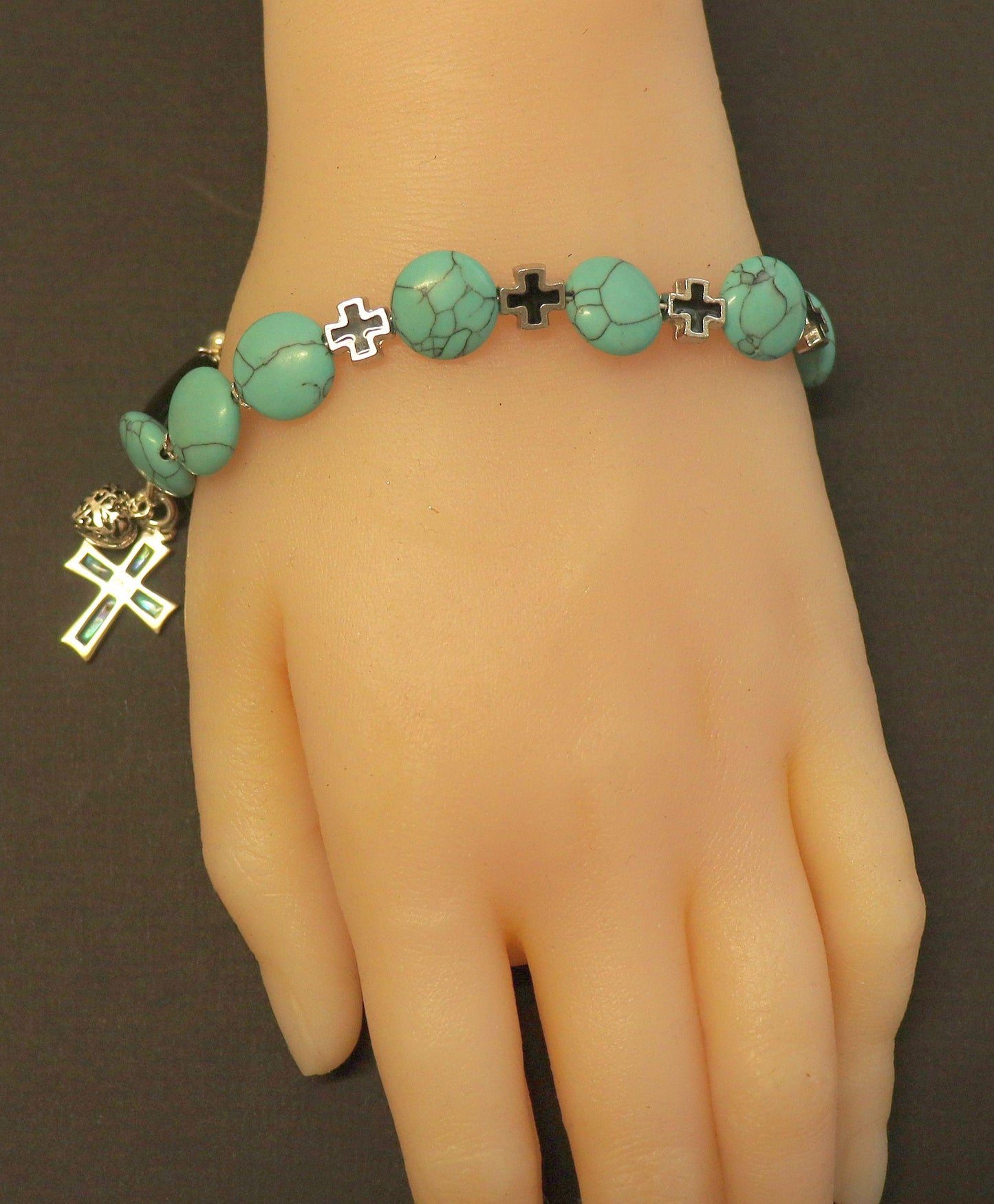 Catholic Rosary Bracelet : Turquoise, Onyx, Paua Shell, Sterling Silver and Enamel