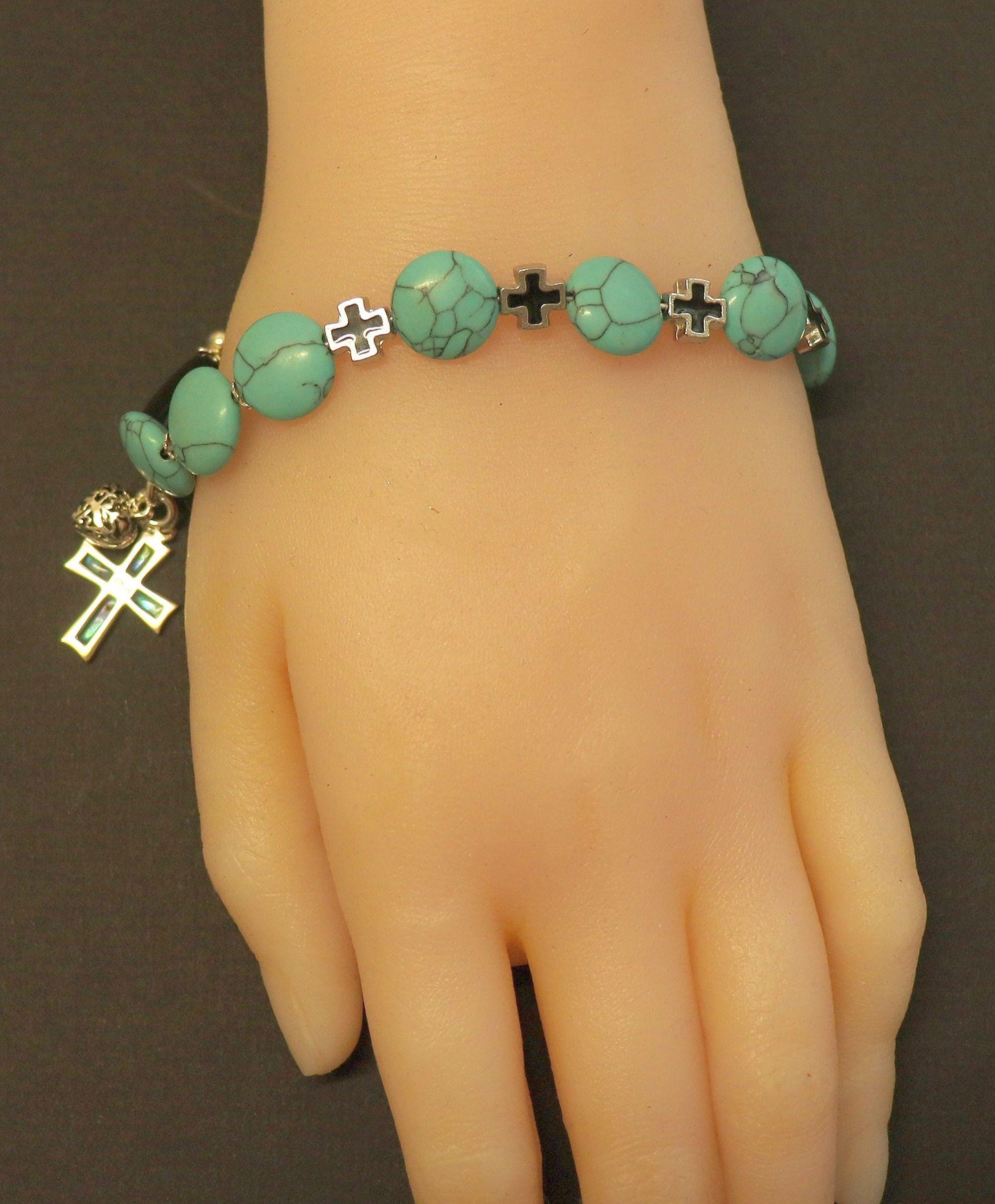 Catholic Rosary one Decade Bracelet : Turquoise, Onyx, Paua Shell, Sterling Silver and Enamel