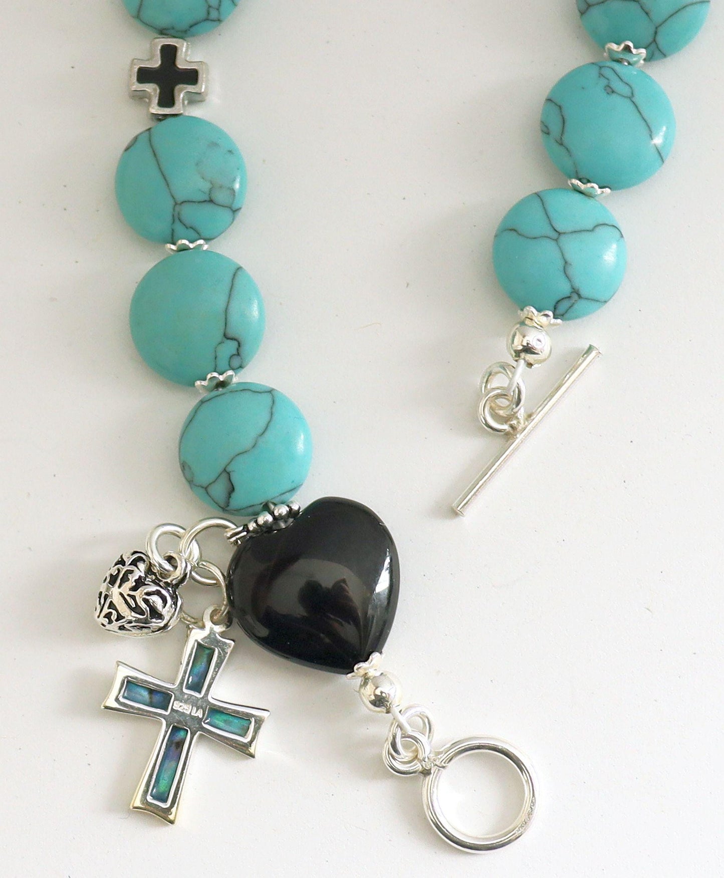 Catholic Rosary Bracelet : Turquoise, Onyx, Paua Shell, Sterling Silver and Enamel