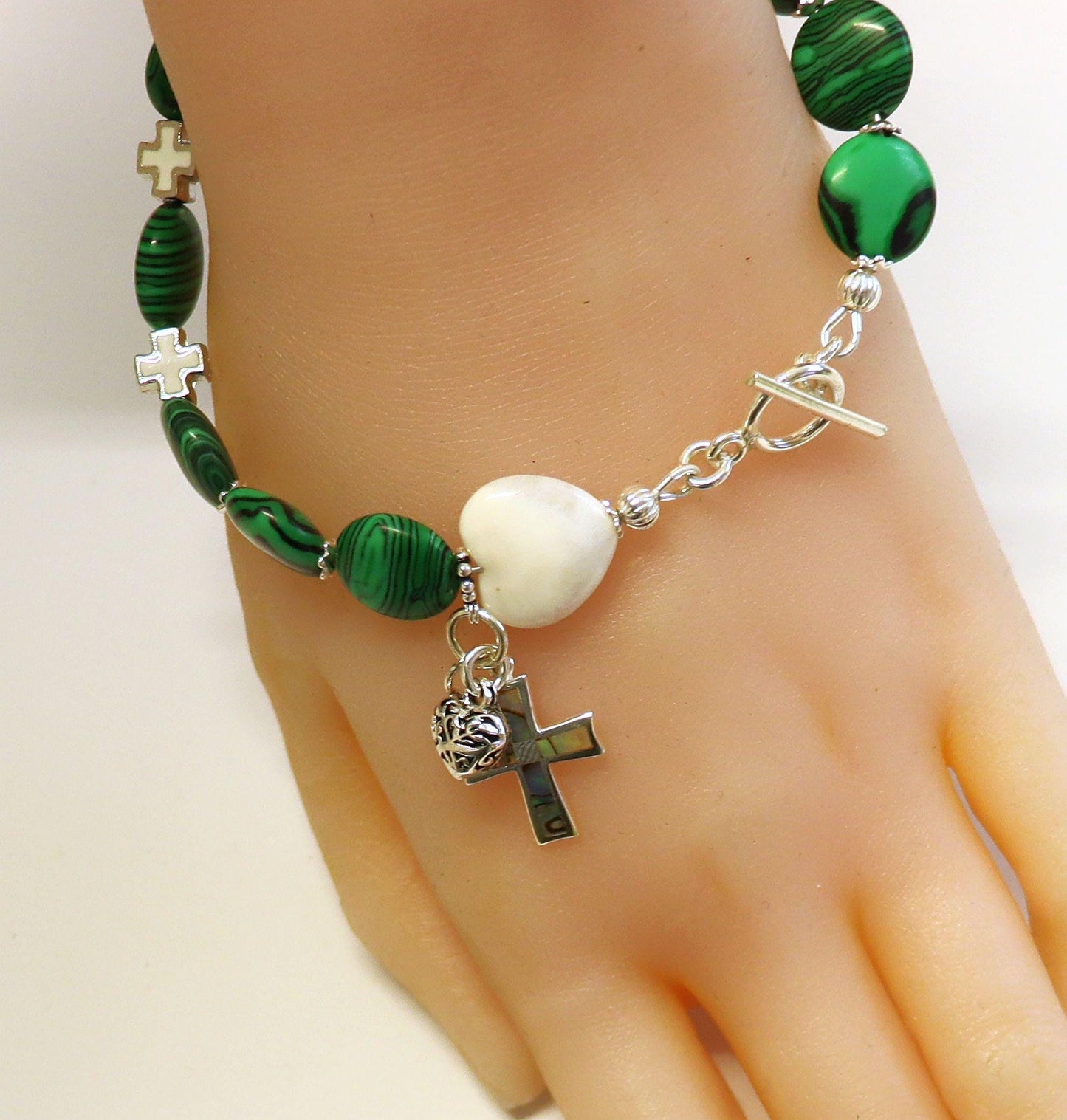 Catholic Rosary one Decade Bracelet : Malchite, White Jade, Paua Shell, Sterling Silver and Enamel