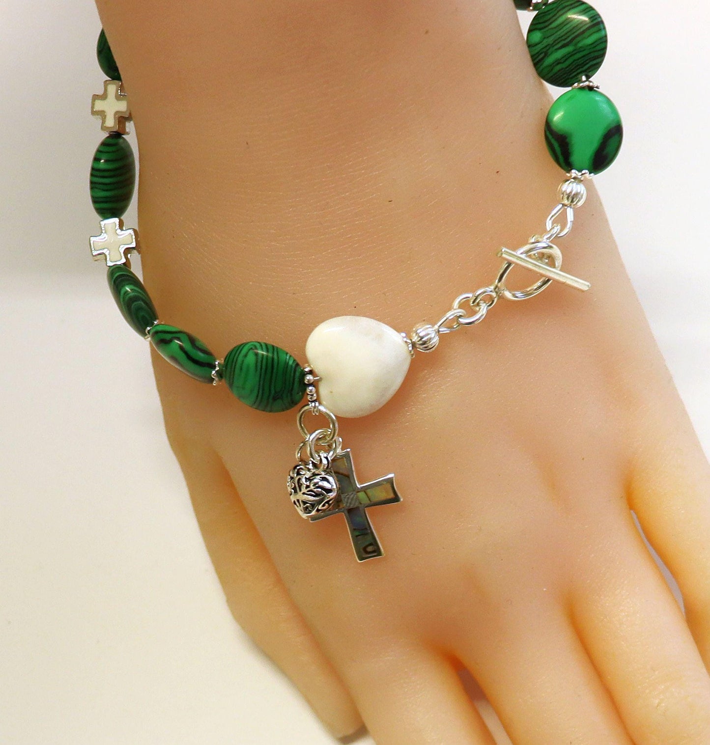 Catholic Rosary one Decade Bracelet : Malachite, White Jade, Paua Shell, Sterling Silver and Enamel