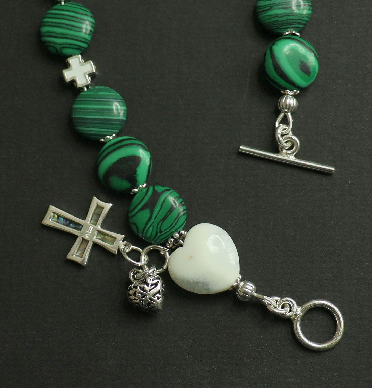 Catholic Rosary one Decade Bracelet : Malachite, White Jade, Paua Shell, Sterling Silver and Enamel