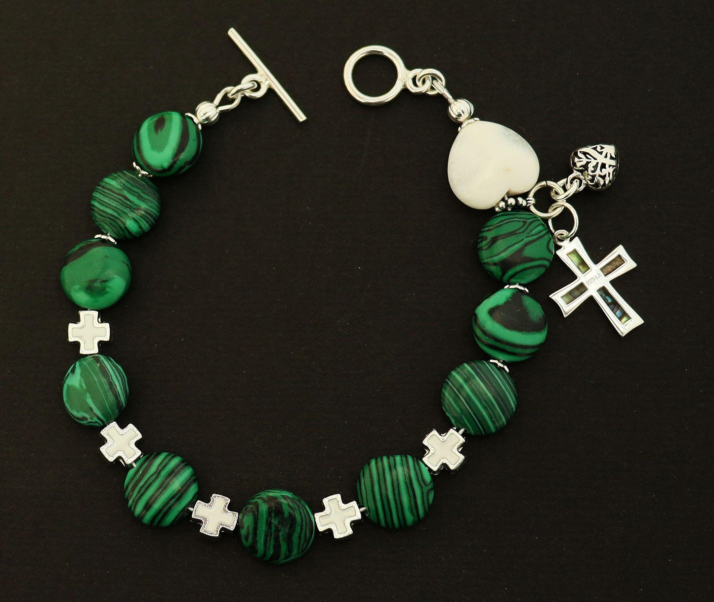 Catholic Rosary one Decade Bracelet : Malachite, White Jade, Paua Shell, Sterling Silver and Enamel