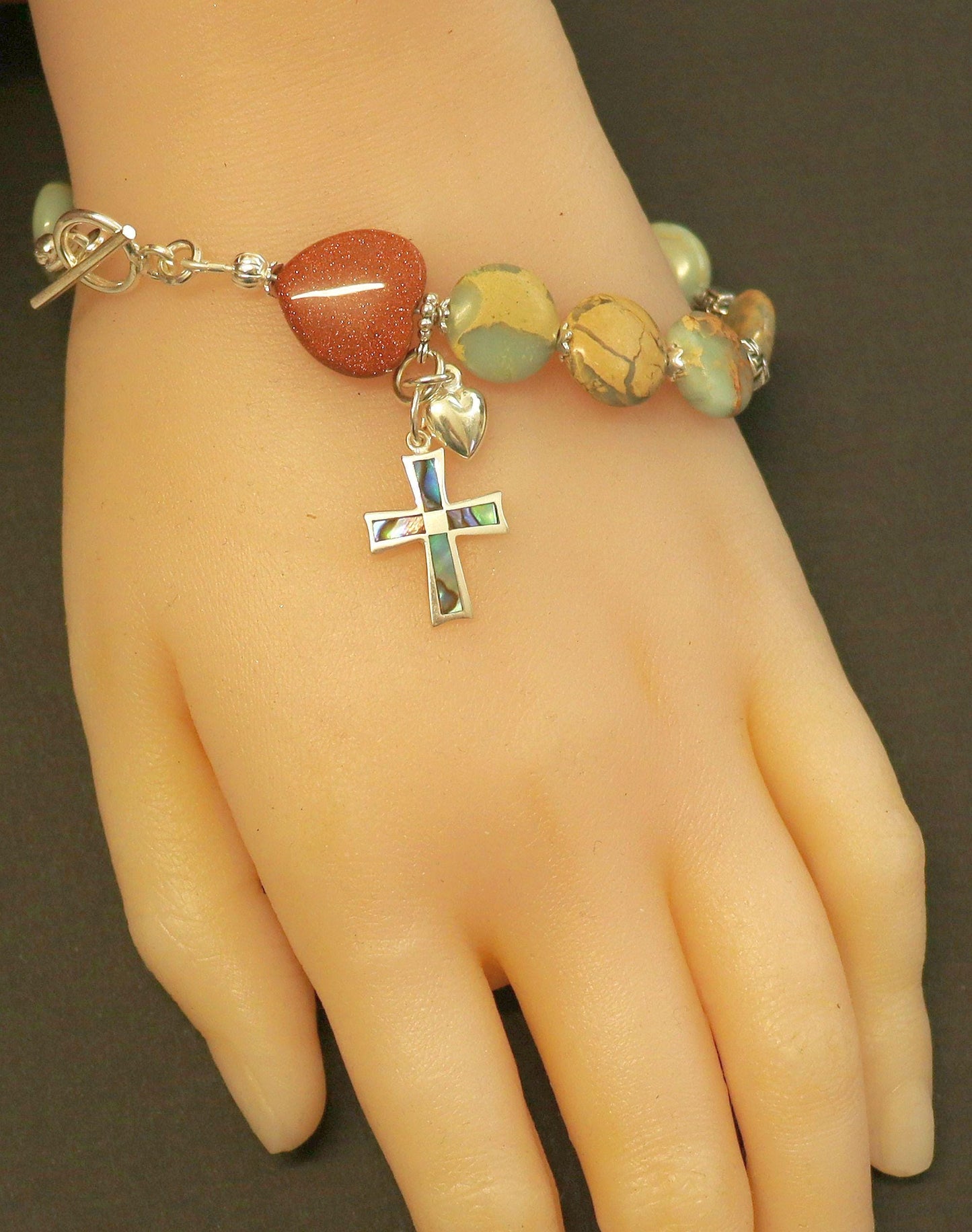 Catholic Rosary one Decade Bracelet : Variscite, Goldstone, Paua Shell, Sterling Silver and Enamel