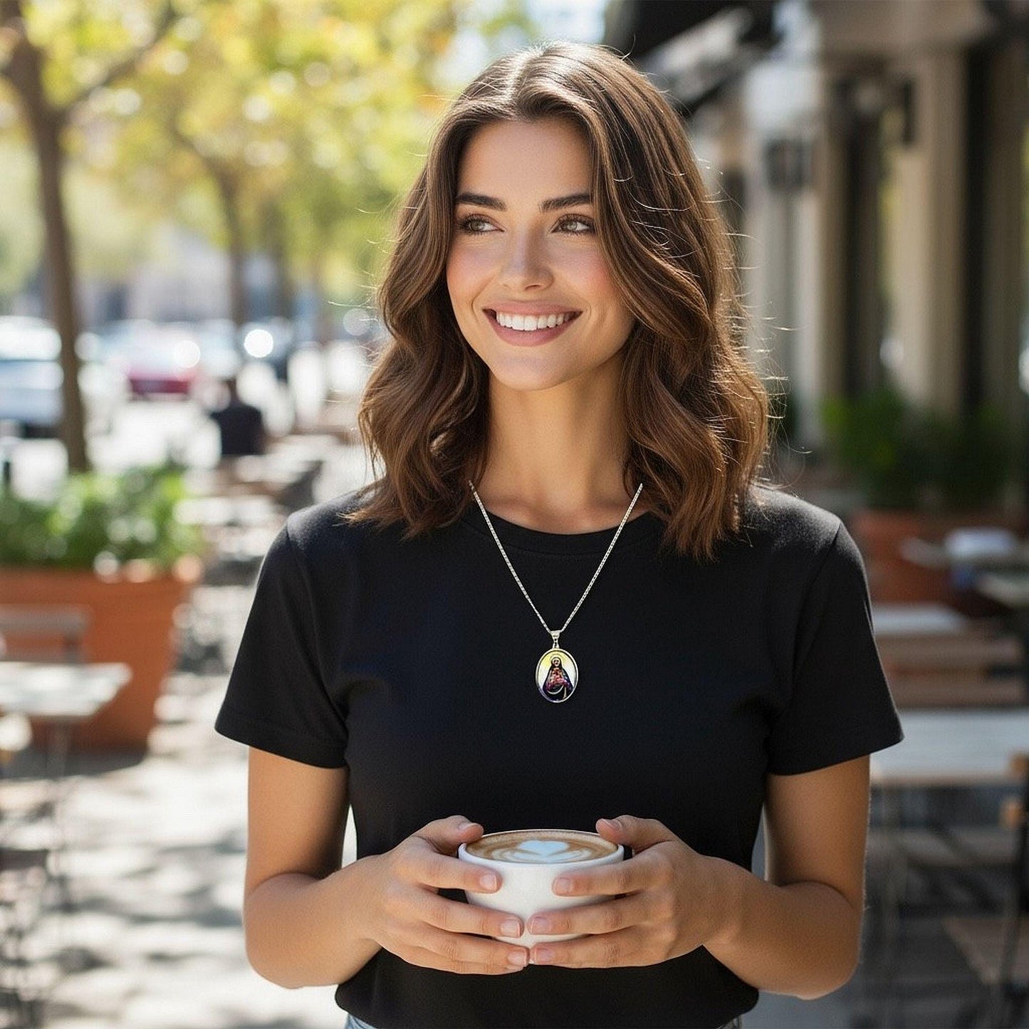 Hand Painted Sacred Heart of Jesus Enameled Vintage Medal w Sterling Silver Necklace