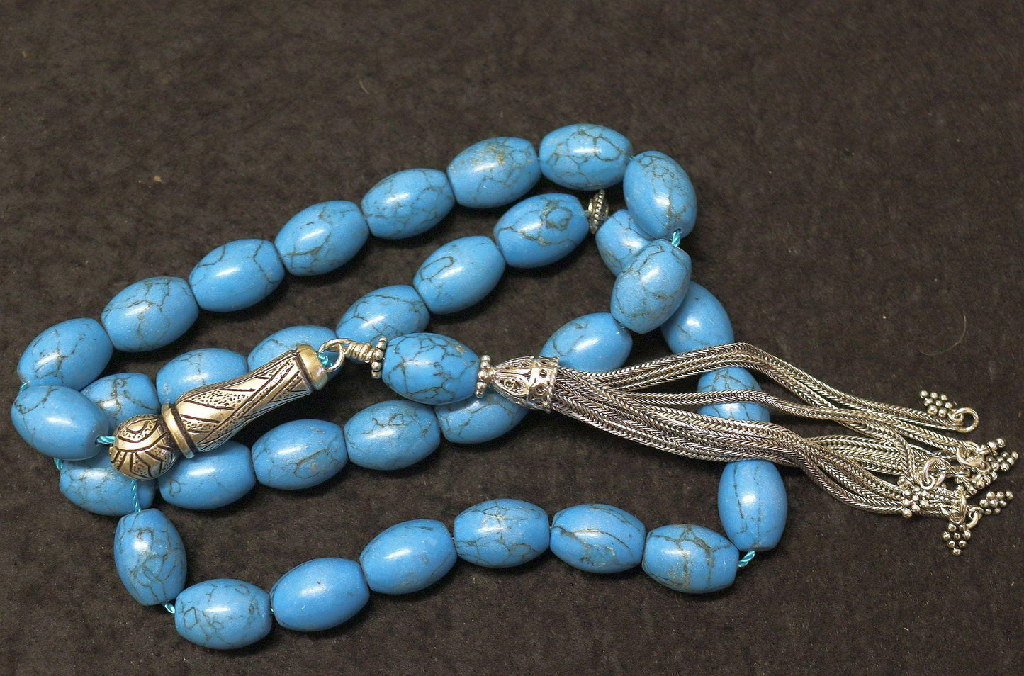 Turquoise & Sterling Tesbih Rosary Barrel Shape Beads - Rare Collector's Choice
