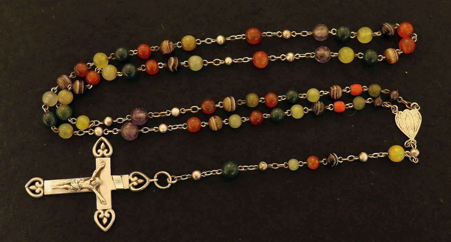 Early 20th Cent. Catholic Rosary Multi Gemstones & Sterling Silver with Heavy Crucifix - Rare Collector's item