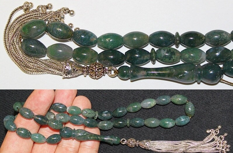 Luxury Prayer Beads Tesbih AA Oval Moss Agate and Sterling Silver - Top Quality - Collector's