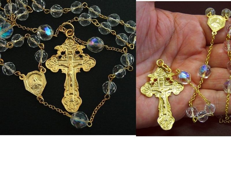 Vintage Catholic Chain Rosary Bohemian Crystal and Gold Vermeil