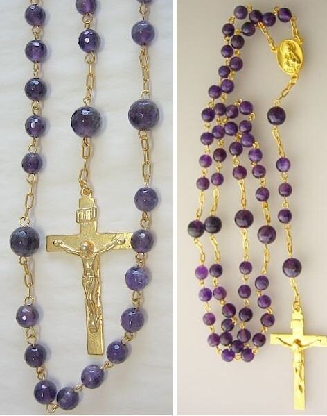 Catholic Chain Rosary Prayer Beads Faceted Amethyst and Gold