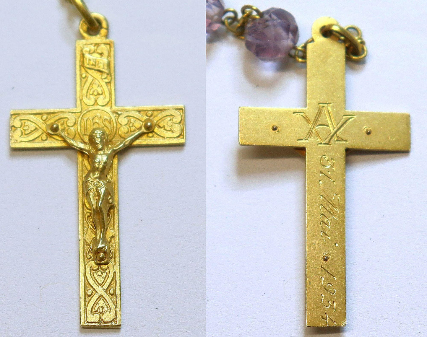 18K. Solid Gold & Faceted Amtehyst Catholic Rosary in Shell Box, DD 1934 High Rarity