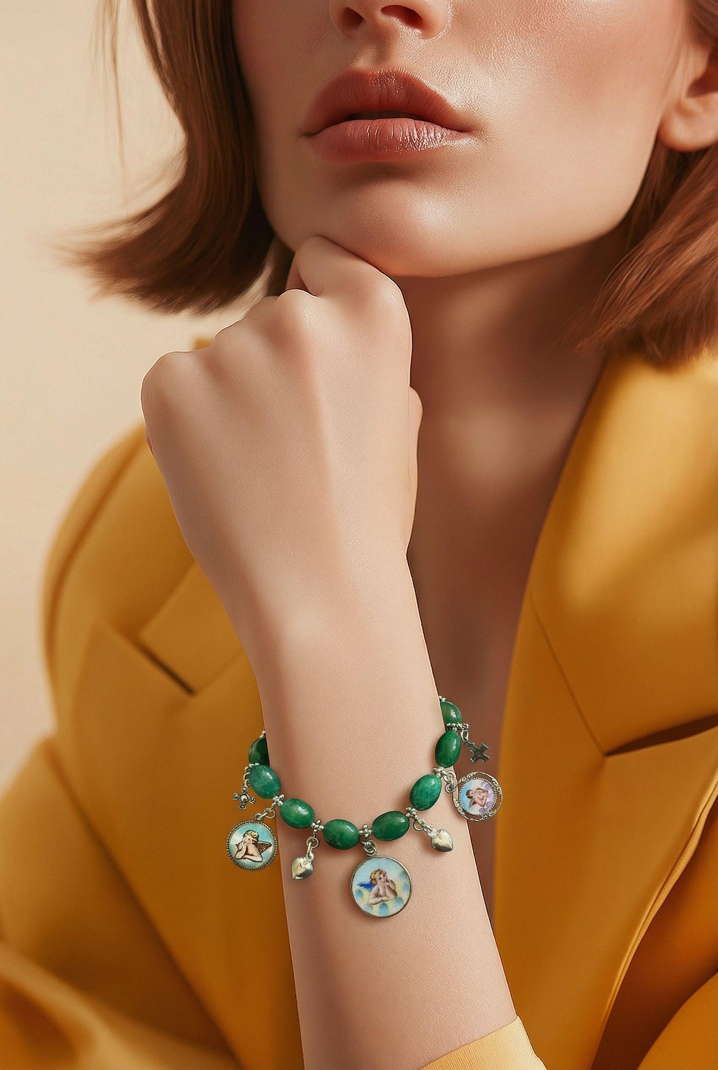 Emerald & Sterling Silver Bracelet, Vintage Enameled Raphael's Cherub Angel Medals, Unique Religious Bracelet, Perfect Gift for her