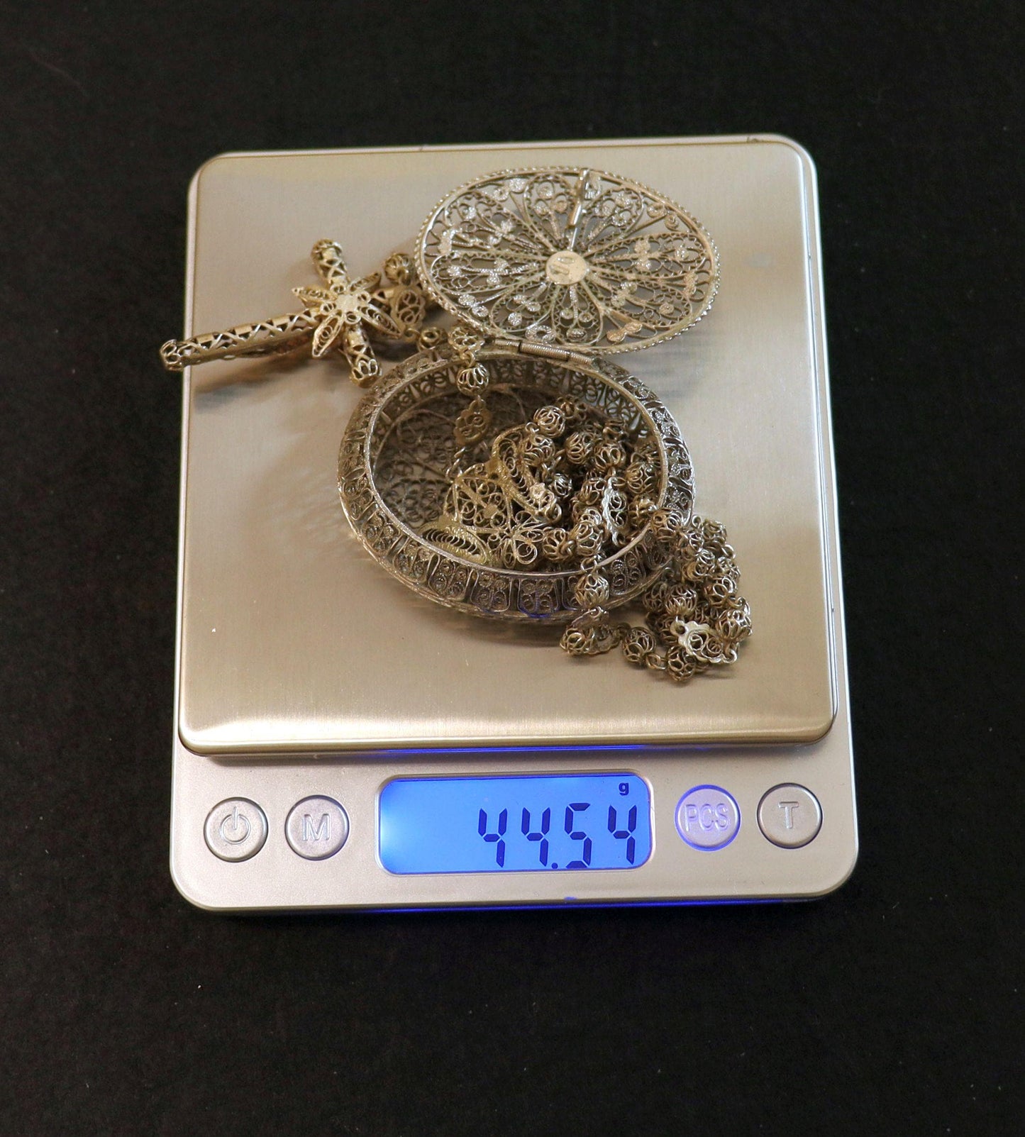 Vintage Set Filigree Sterling Silver Catholic Spanish Rosary and oval Box - Large and V. Rare