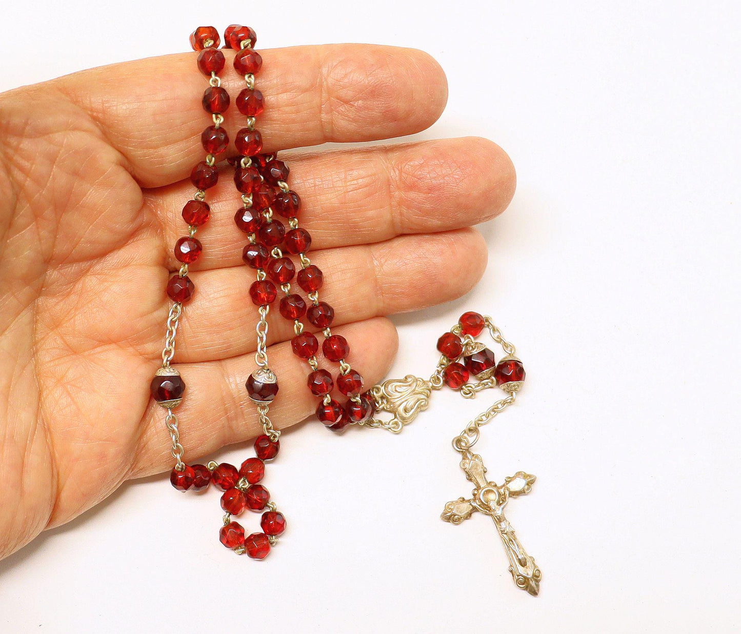 Vintage Garnet and Sterling Catholic Rosary in Tiger Cowry Shell box – Rare and Charming - 1920's